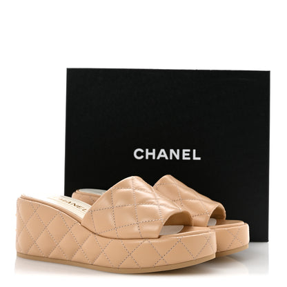 Chanel Lambskin Quilted Camelia CC Wedge Sandal Mules 39 Beige 10 of 10
