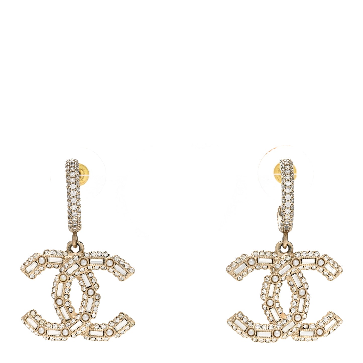 Crystal Baguette Pearl CC Drop Hoop Earrings Gold Pearly White