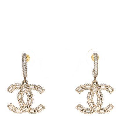 Chanel Crystal Baguette Pearl CC Drop Hoop Earrings Gold Pearly White 1 of 5