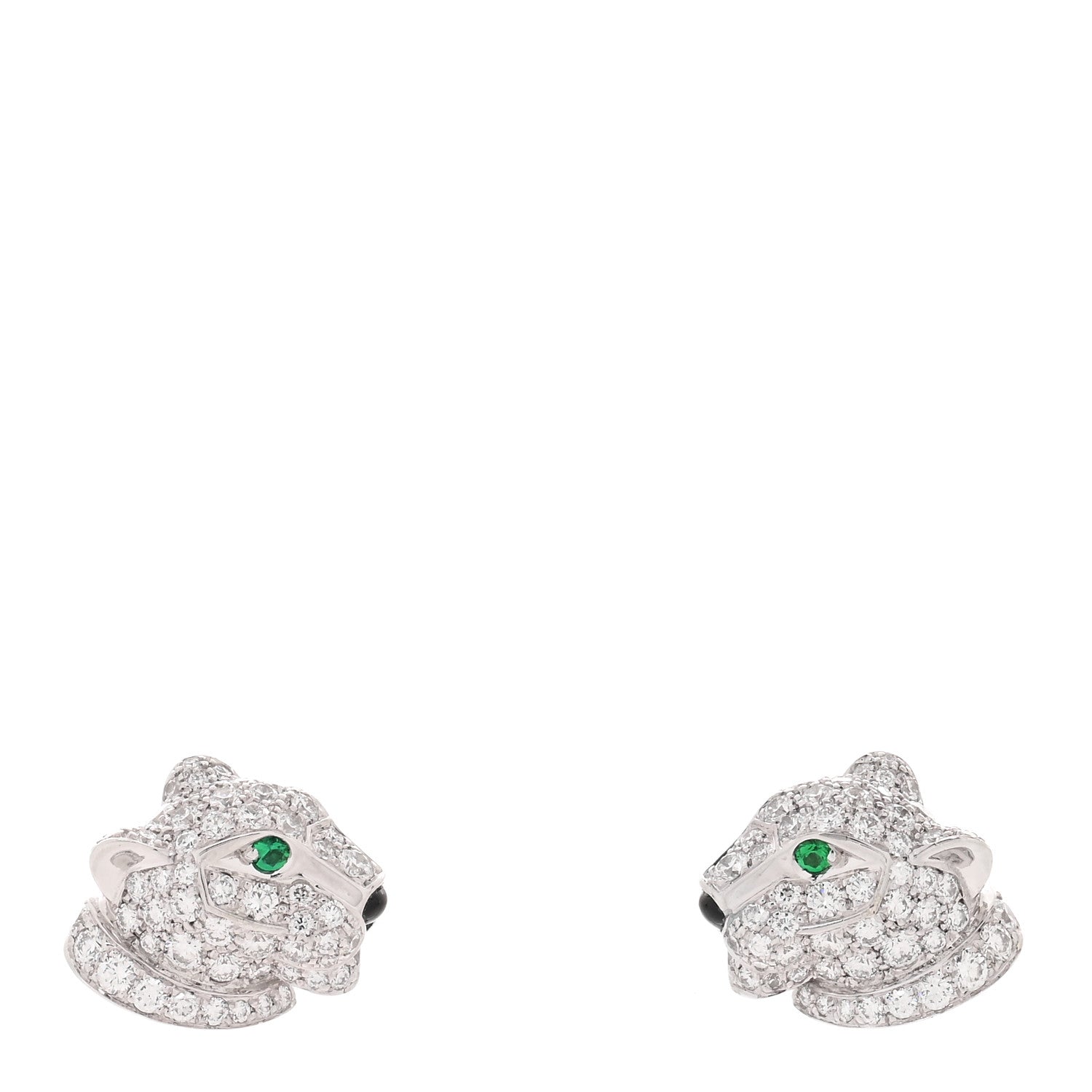 Cartier 18K White Gold Diamond Onyx Emerald Panthere Earrings 1 of 5