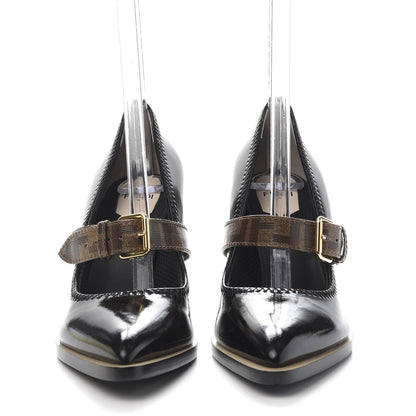Fendi Glossy Neoprene Glazed Fabric FF FFrame Court Mary Jane Pumps 39 Black Tobacco Moro 2 of 8