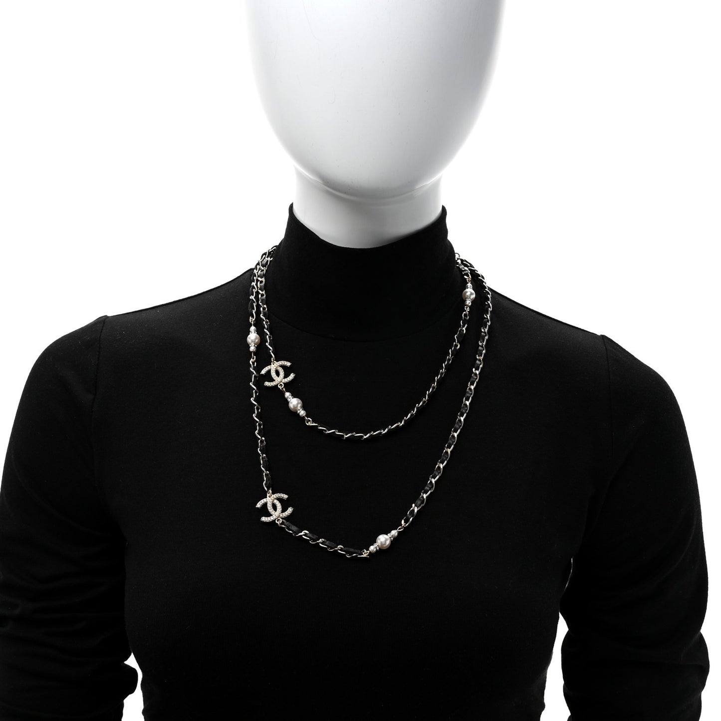 Lambskin Pearl CC Long Chain Necklace Black Gold