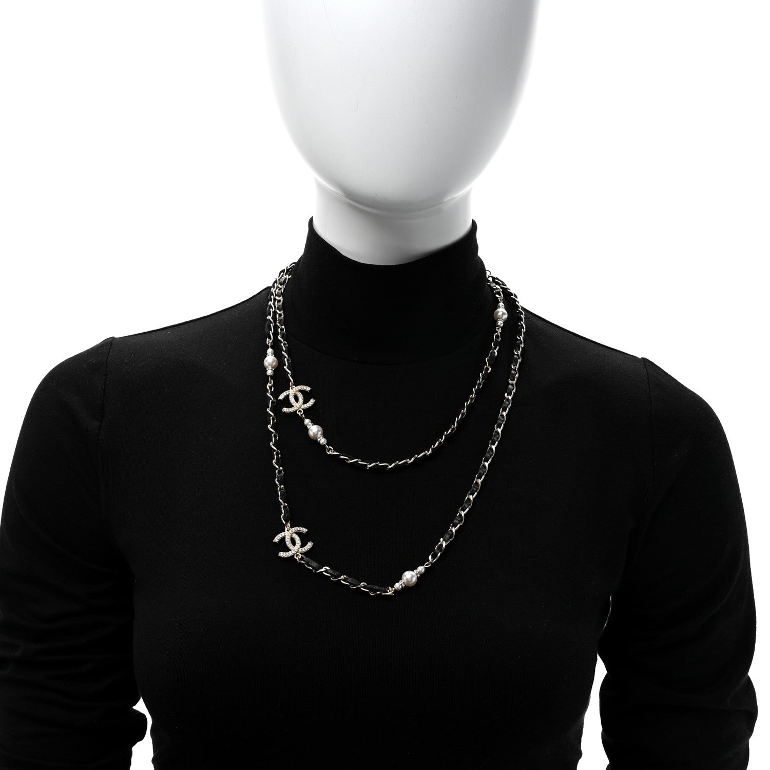 Chanel Lambskin Pearl CC Long Chain Necklace Black Gold 2 of 5
