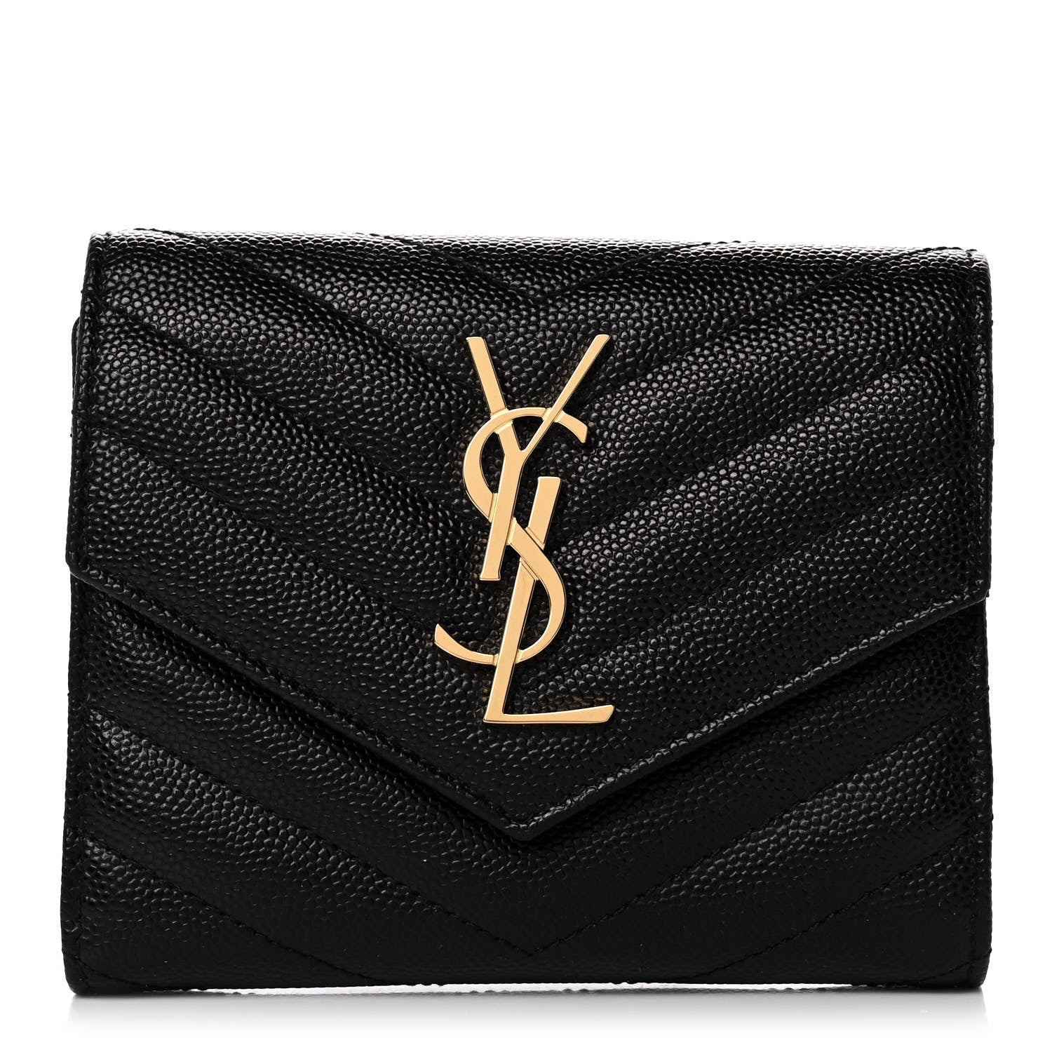 Saint Laurent Grain De Poudre Matelasse Chevron Monogram Compact Tri Fold Wallet Black 1 of 12