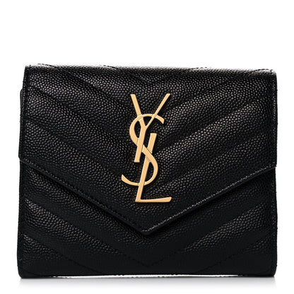 Saint Laurent Grain De Poudre Matelasse Chevron Monogram Compact Tri Fold Wallet Black 1 of 12