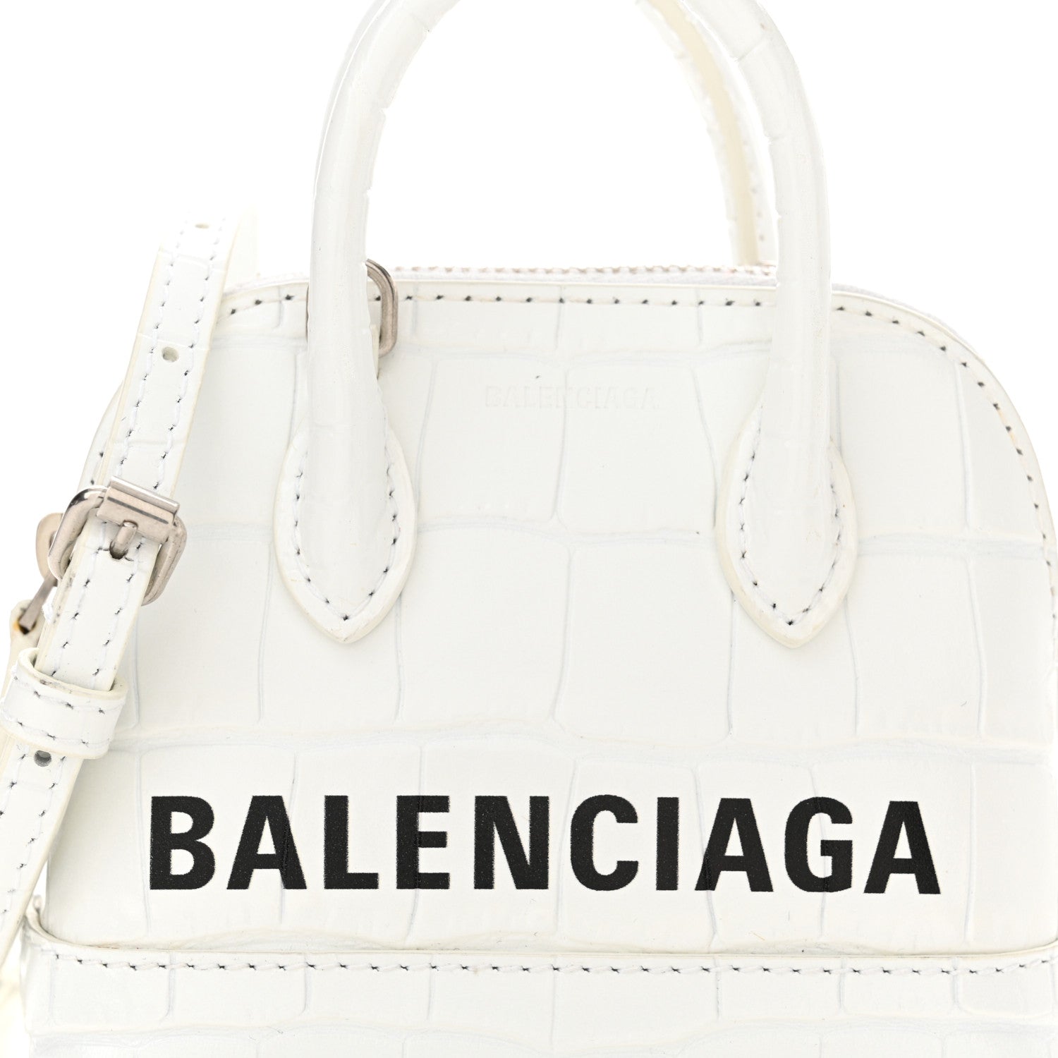 ホワイトクロコ柄BALENCIAGA Balenciaga White Crocodile Ville Top Handle Bag with Black Letters