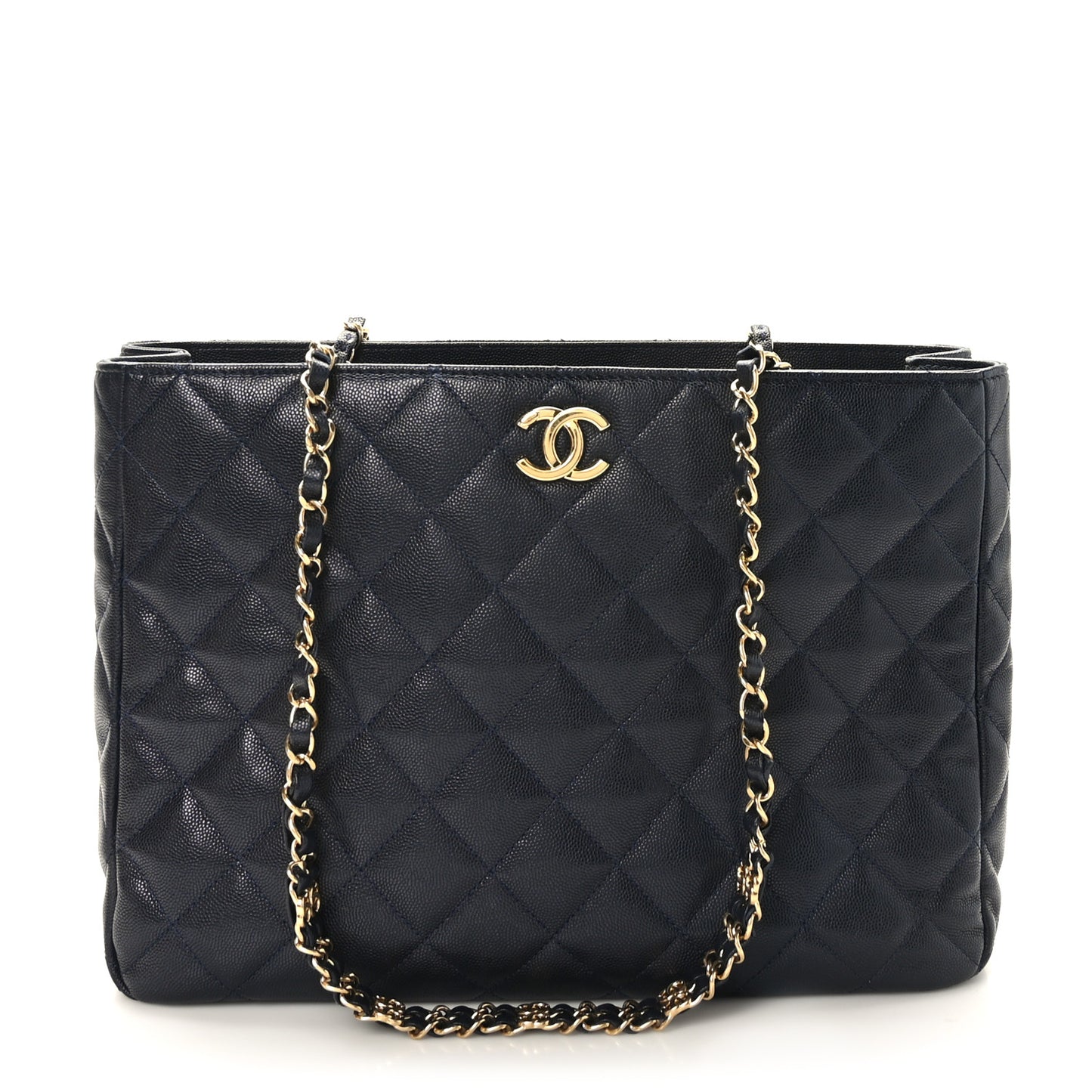 Caviar Quilted Small Shopping Tote Navy Blue
