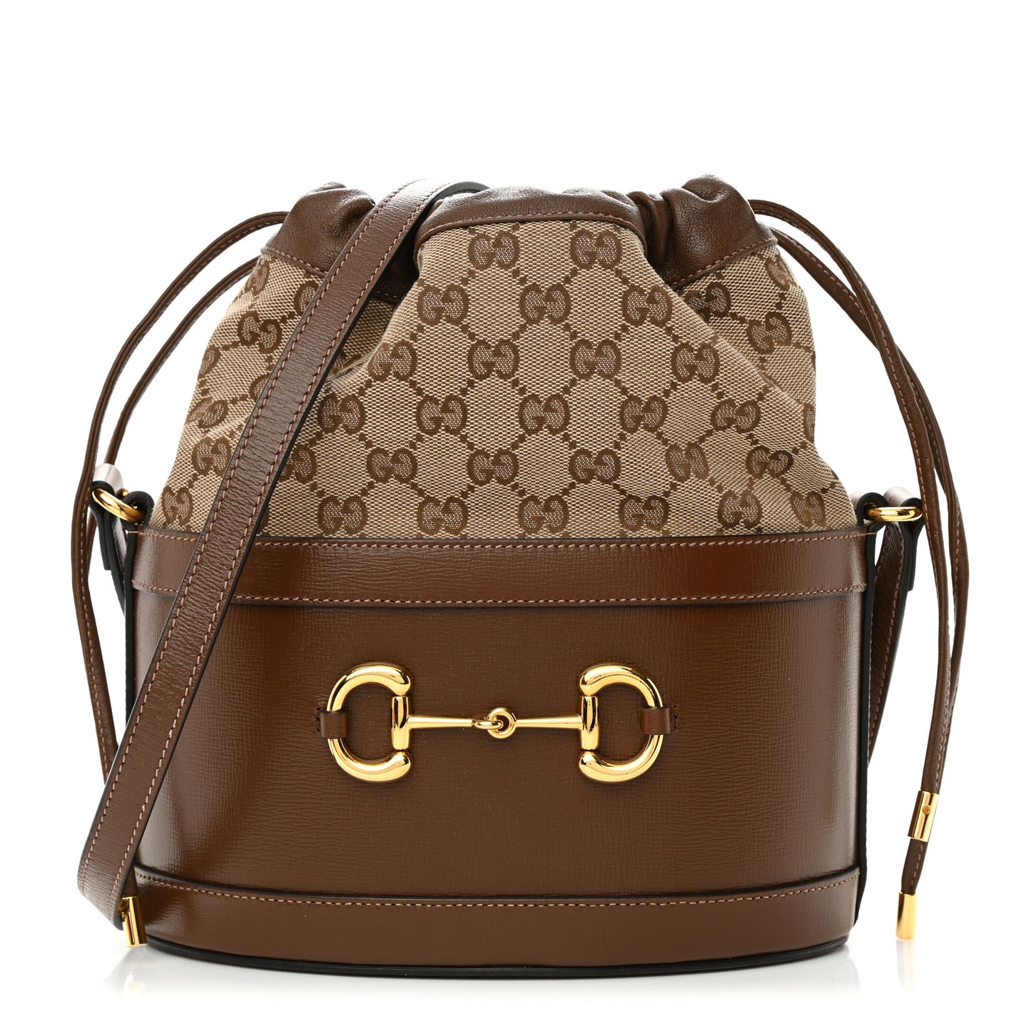 Monogram Textured Calfskin Horsebit 1955 Drawstring Bucket Bag Beige Brown Sugar