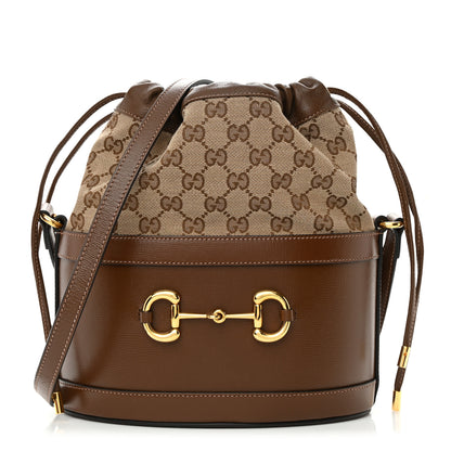Gucci Monogram Textured Calfskin Horsebit 1955 Drawstring Bucket Bag Beige Brown Sugar 1 of 12