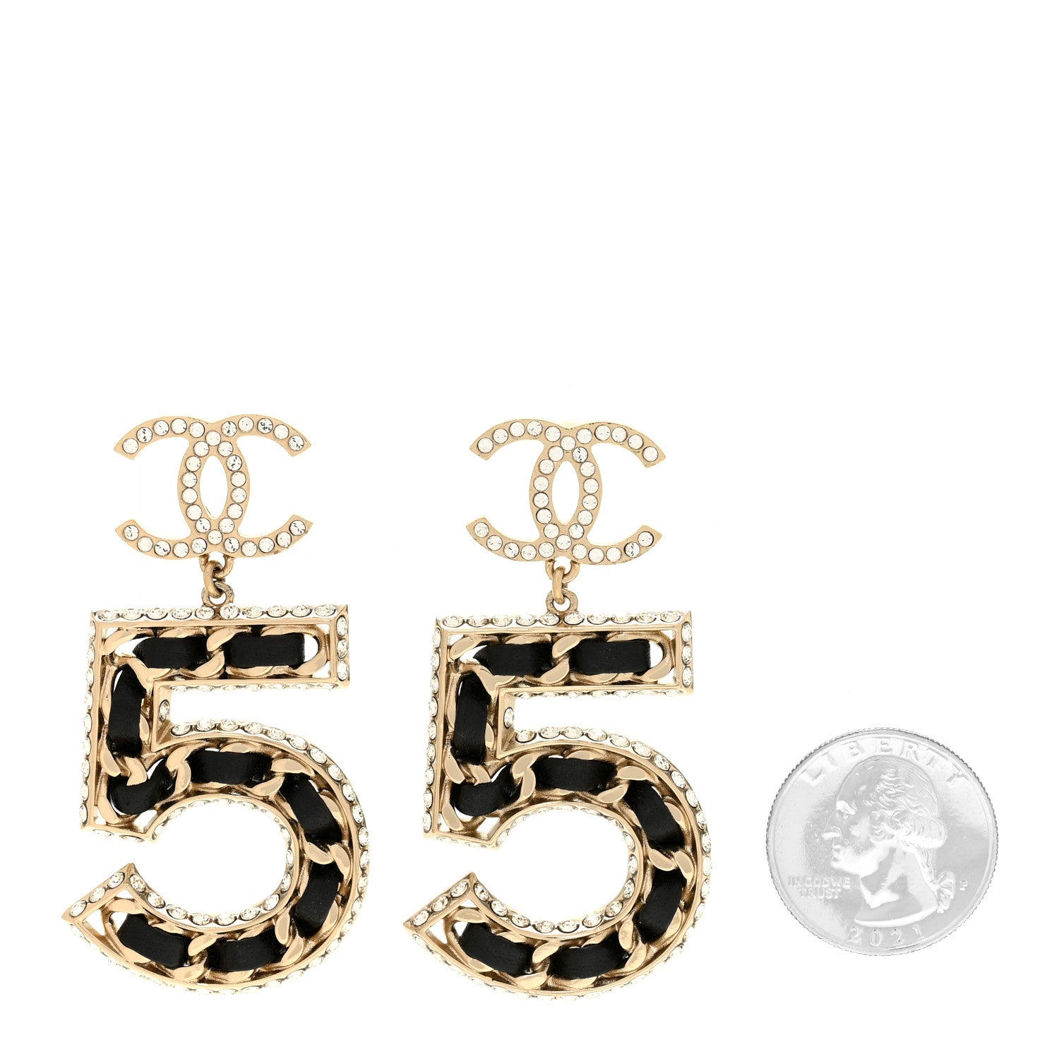 Chanel Crystal Lambskin Chain CC No 5 Drop Earrings Gold Black 2 of 4