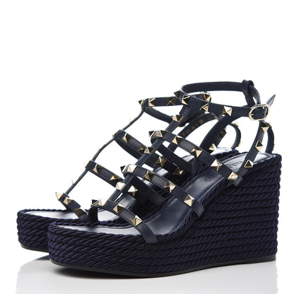 Valentino Garavani Calfskin Rockstud Ankle Strap Torchon Espadrille Caged Wedge Sandals 36 Navy Blue 3 of 8