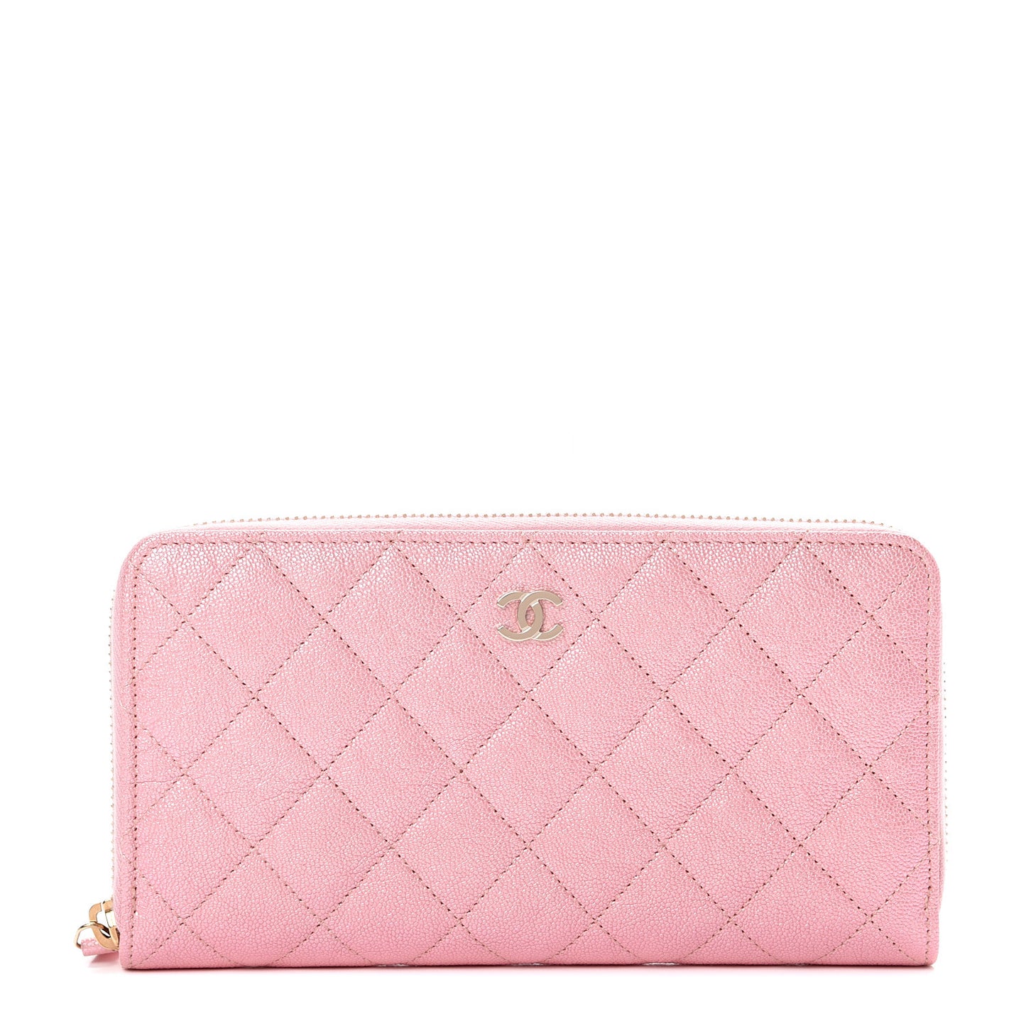 Iridescent Caviar Quilted Large Zip Around Wallet Pink