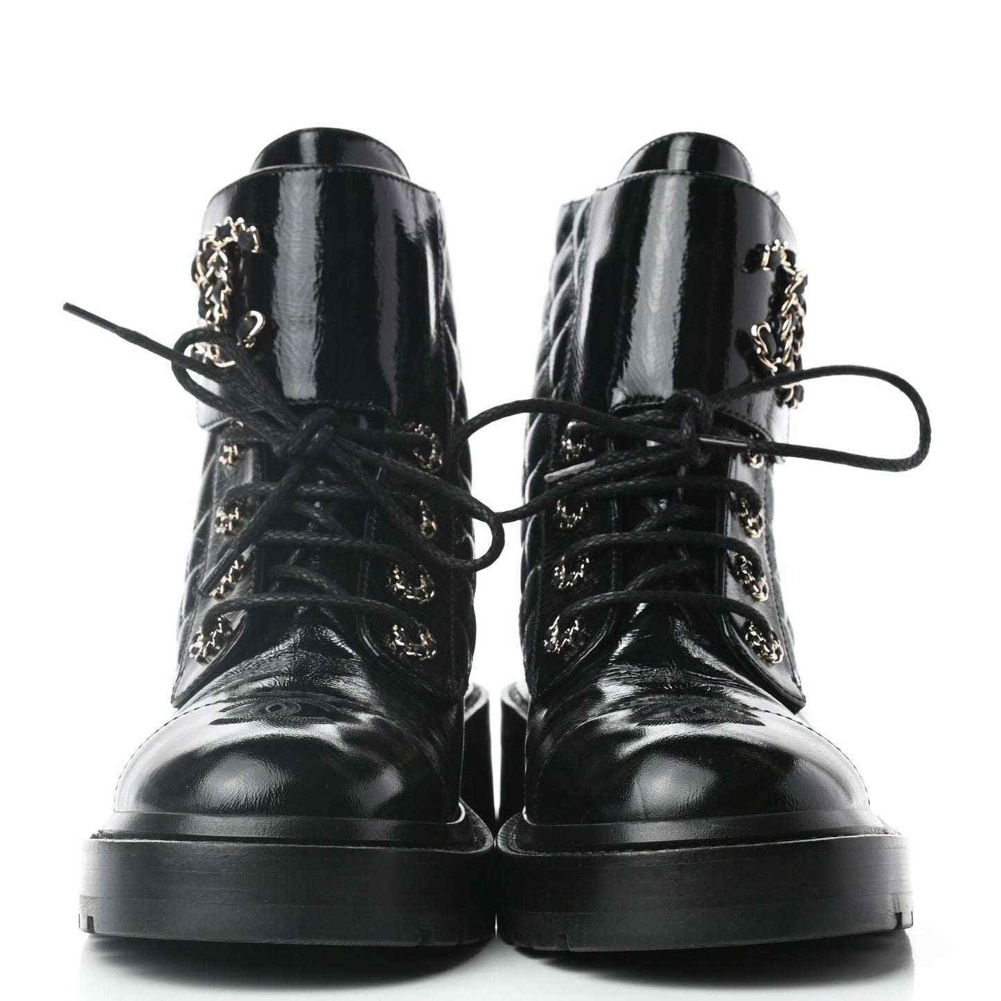 Shiny Calfskin Quilted Lace Up Combat Boots 37.5 Black