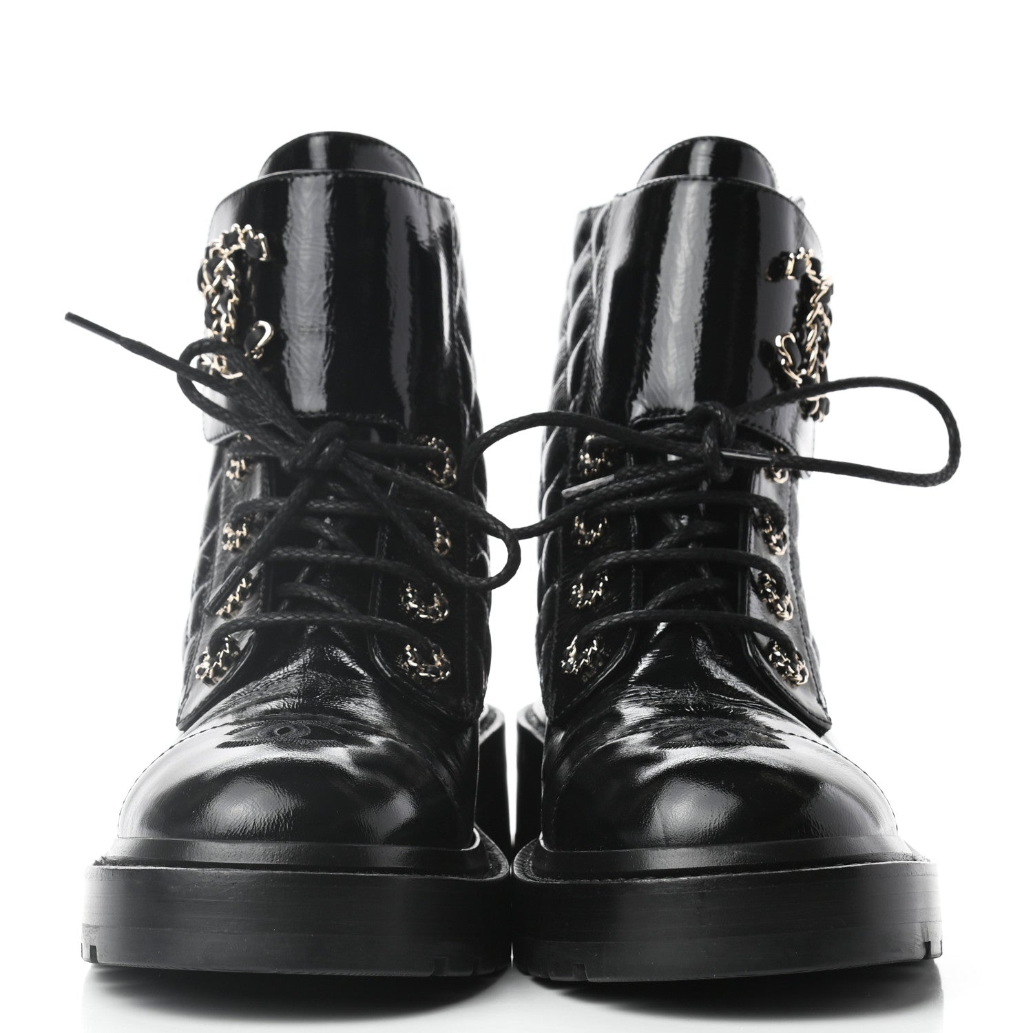 Chanel Shiny Calfskin Quilted Lace Up Combat Boots 37.5 Black 2 of 9