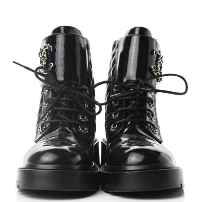 Chanel Shiny Calfskin Quilted Lace Up Combat Boots 37.5 Black 2 of 9