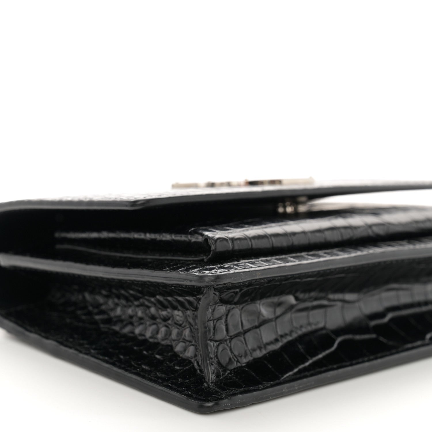 Saint Laurent Calfskin Crocodile Embossed Monogram Sunset Chain Wallet Black 8 of 11