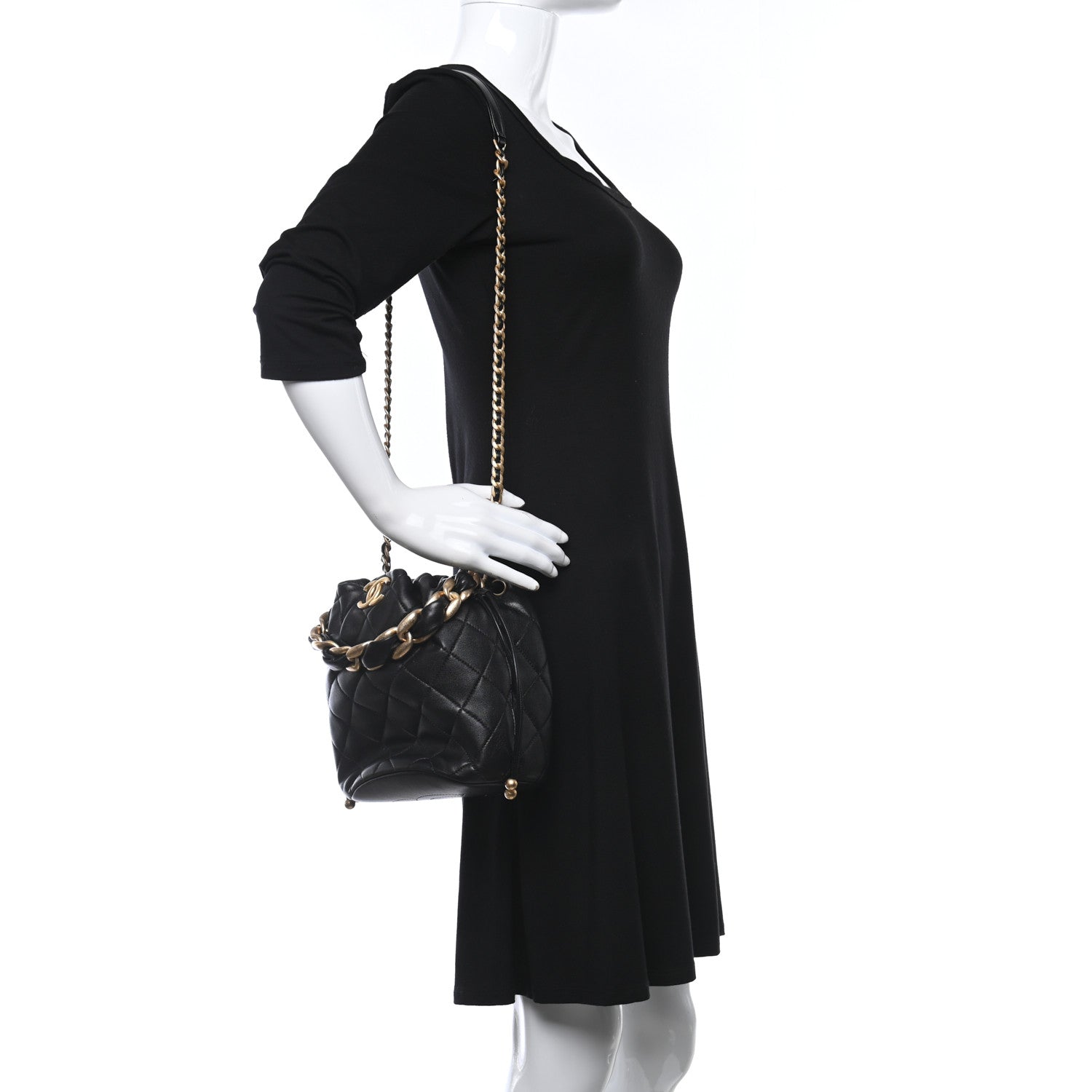 Chanel Shiny Lambskin Quilted Chain Is More Drawstring Bag Black 2 of 10