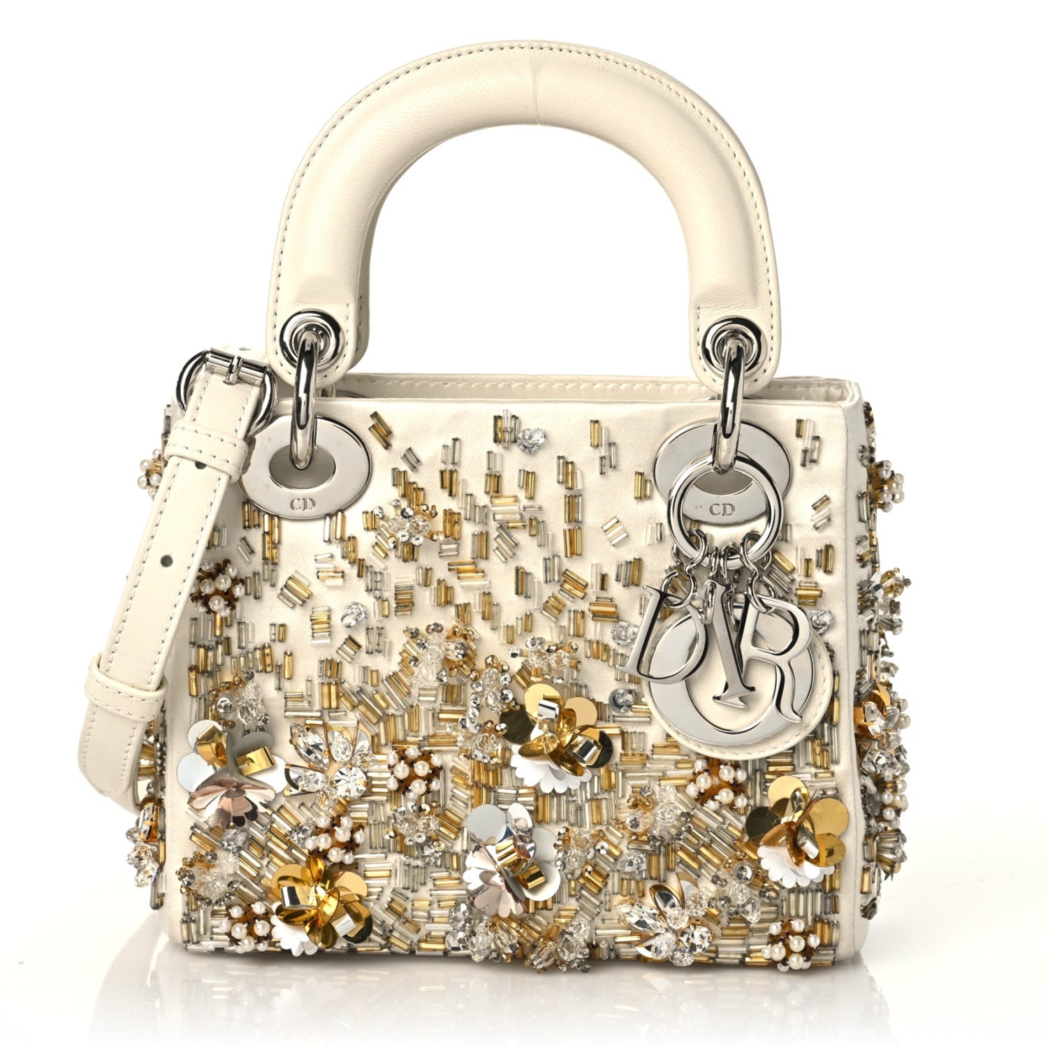 Christian Dior Satin Lambskin Sequin Embroidered Mini Lady Dior White Gold 1 of 9