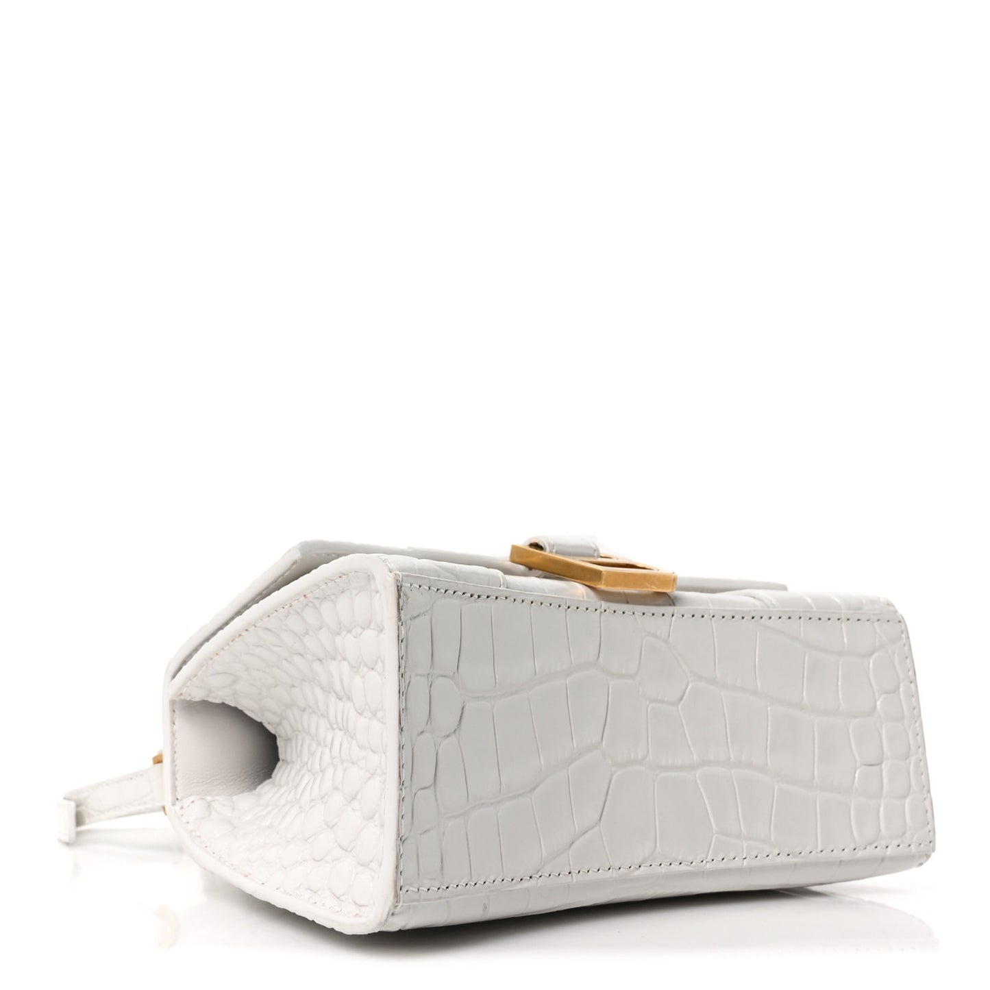 Shiny Calfskin Crocodile Embossed Hourglass Top Handle Bag XS White