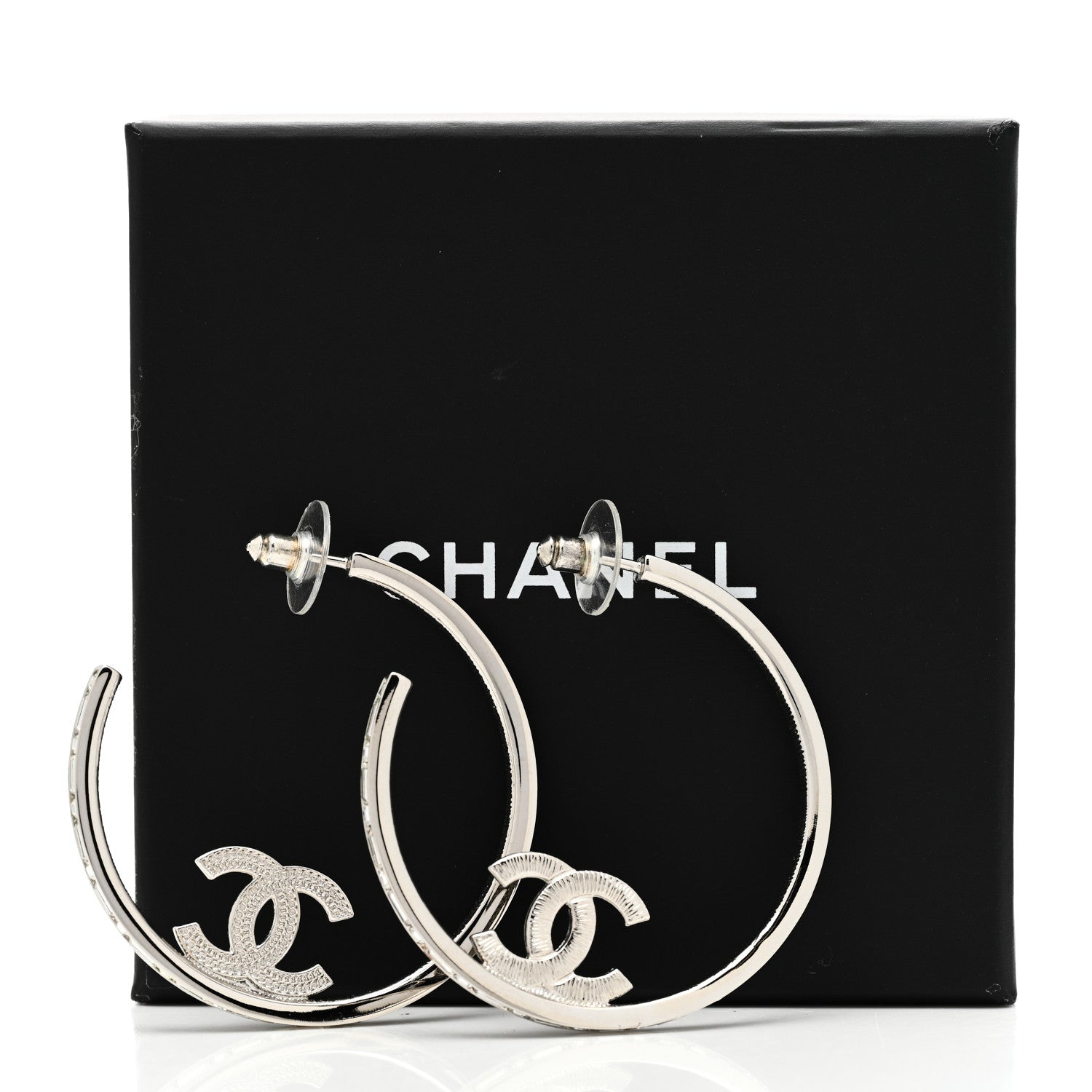 Chanel Metal Crystal Baguette CC Large Hoop Earrings Silver 6 of 6