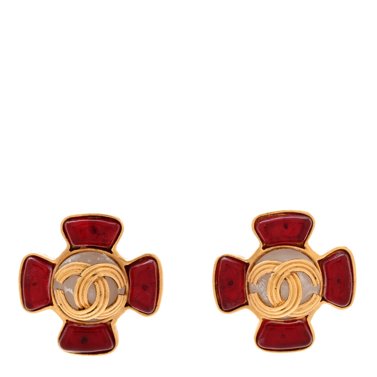Metal Gripoix Clip On Earrings Gold Red