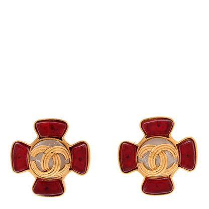 Chanel Metal Gripoix Clip On Earrings Gold Red 1 of 5