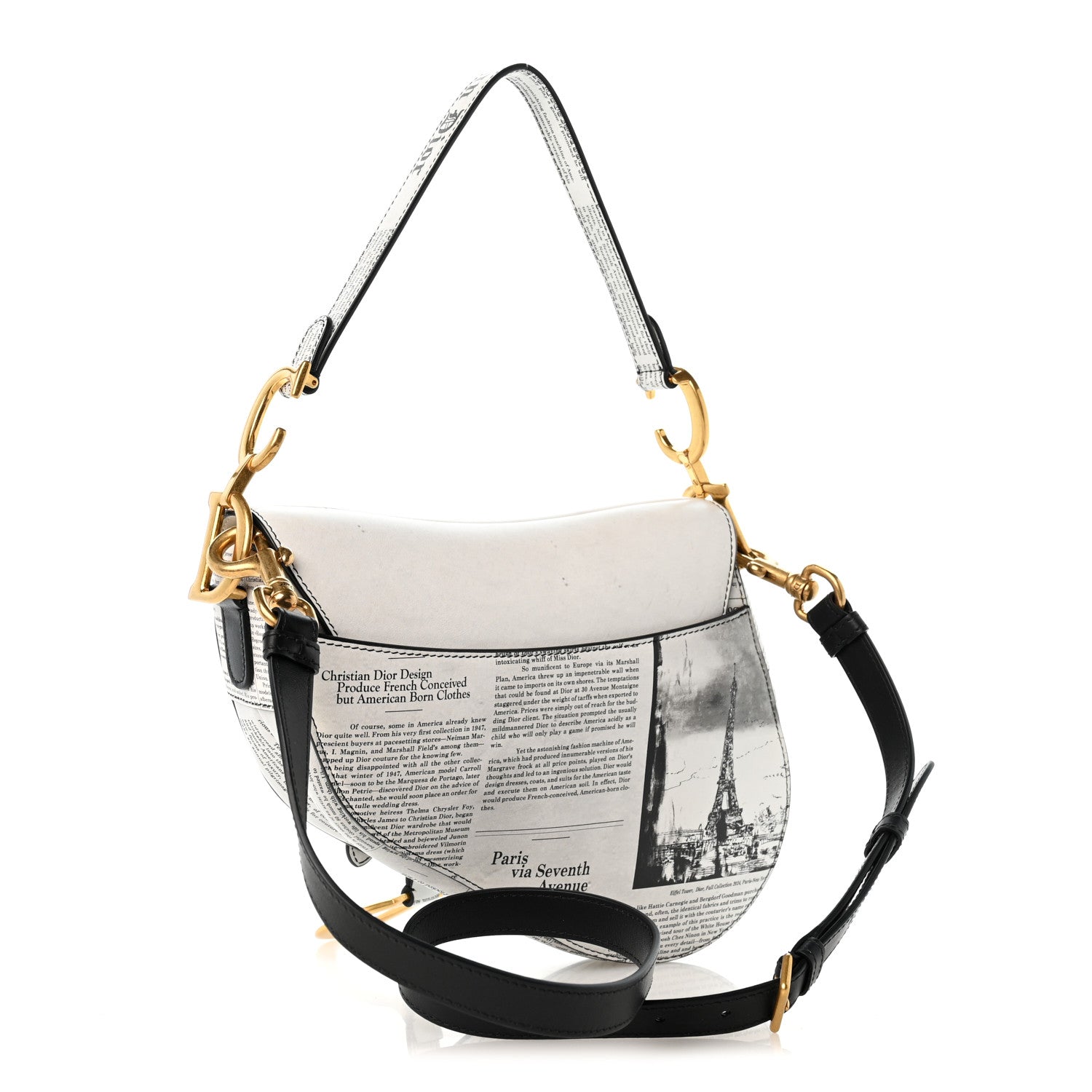 Christian Dior Calfskin Newspaper Printed Saddle Bag With Strap Black White 3 of 12