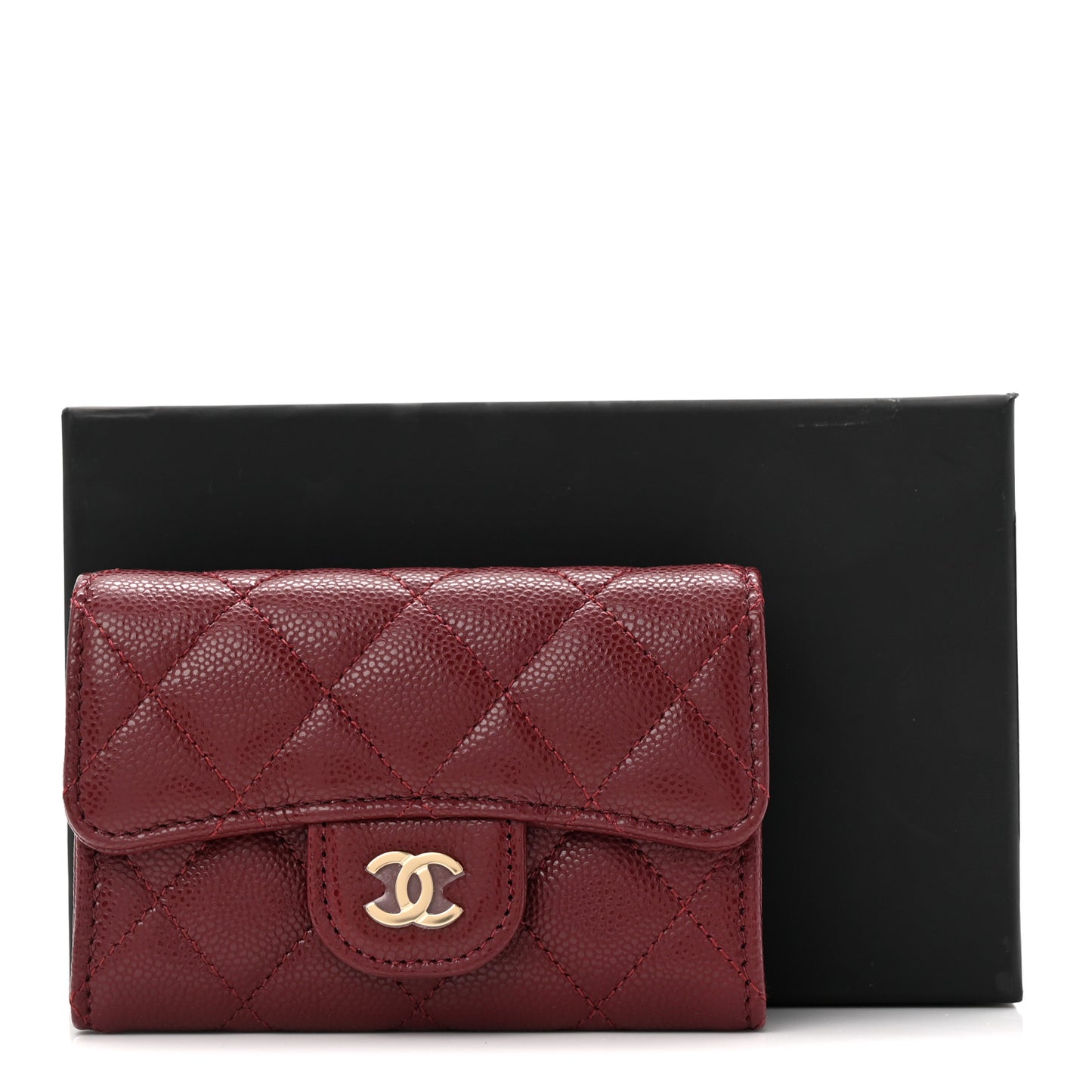 Caviar Quilted Flap Card Holder Wallet Burgundy