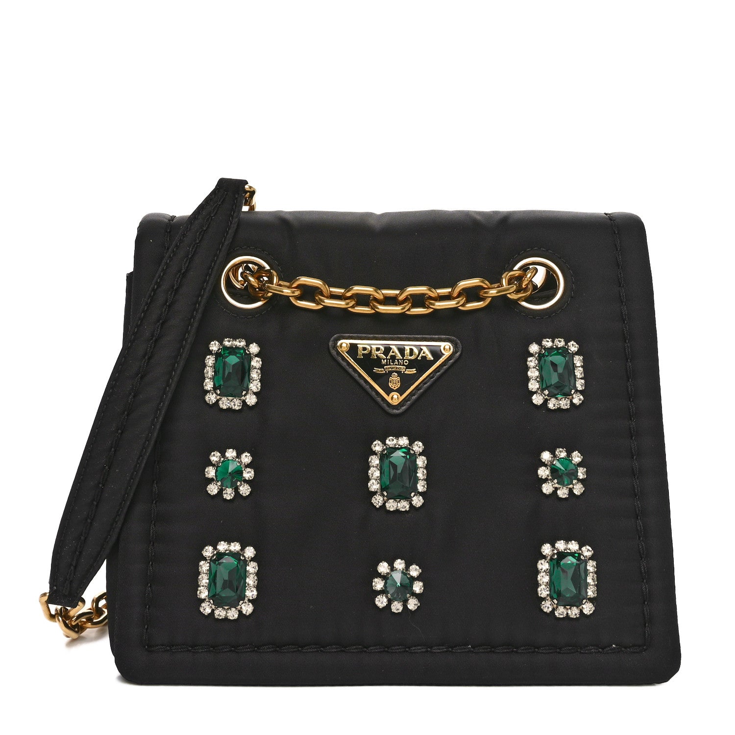 Prada Tessuto Nylon Crystal Chain Flap Shoulder Bag Black 1 of 9