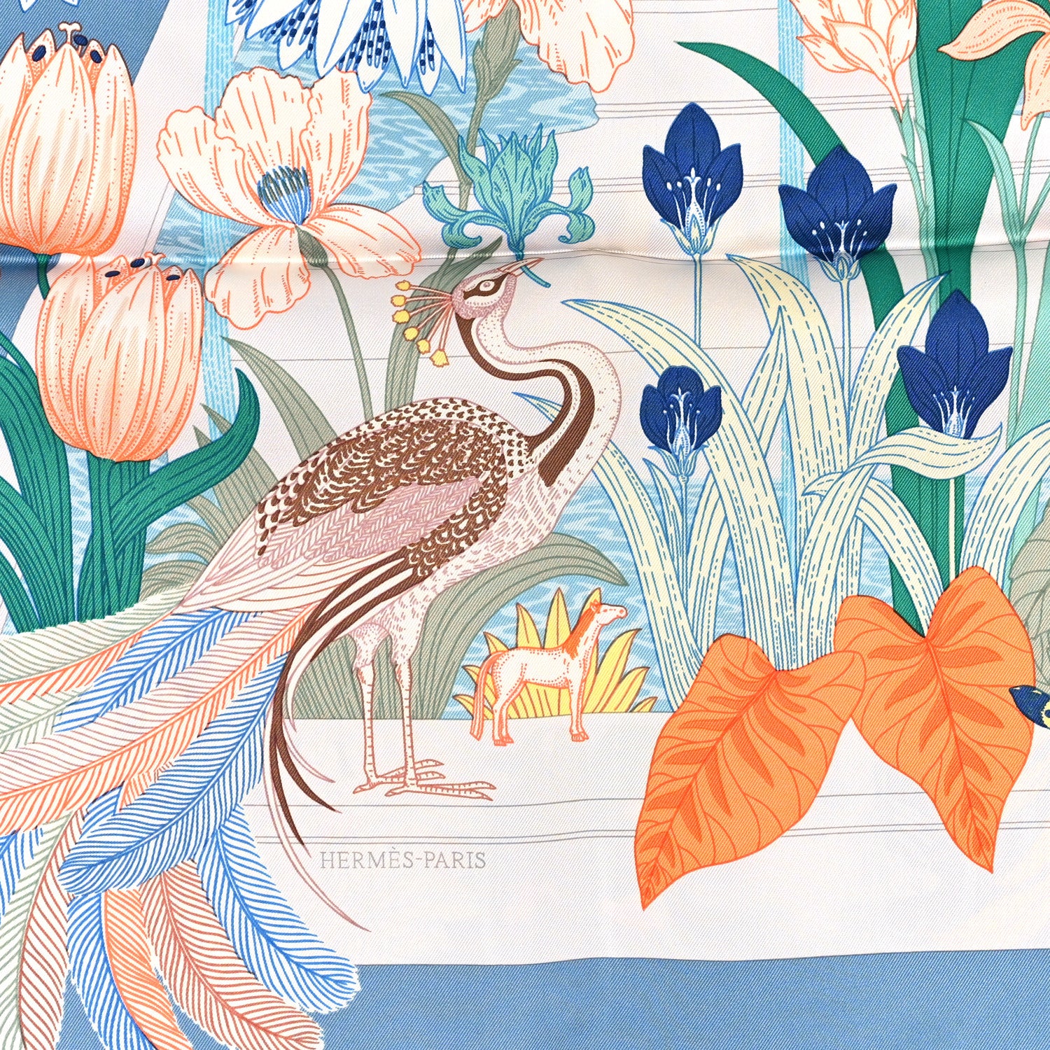 Hermes Silk Precious Paradis Scarf 90 Bleu Jean Vert Orange