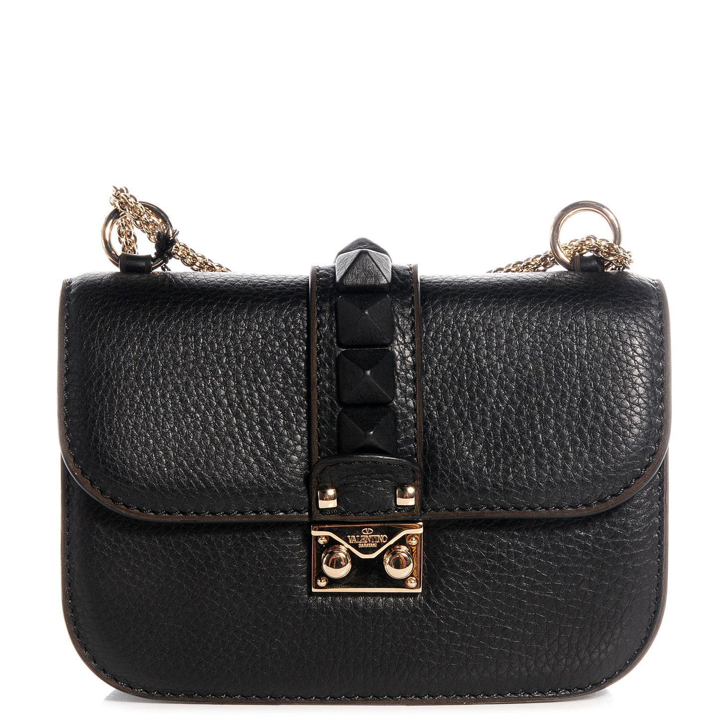 Pebbled Calfskin Small Glam Lock Rockstud Flap Black