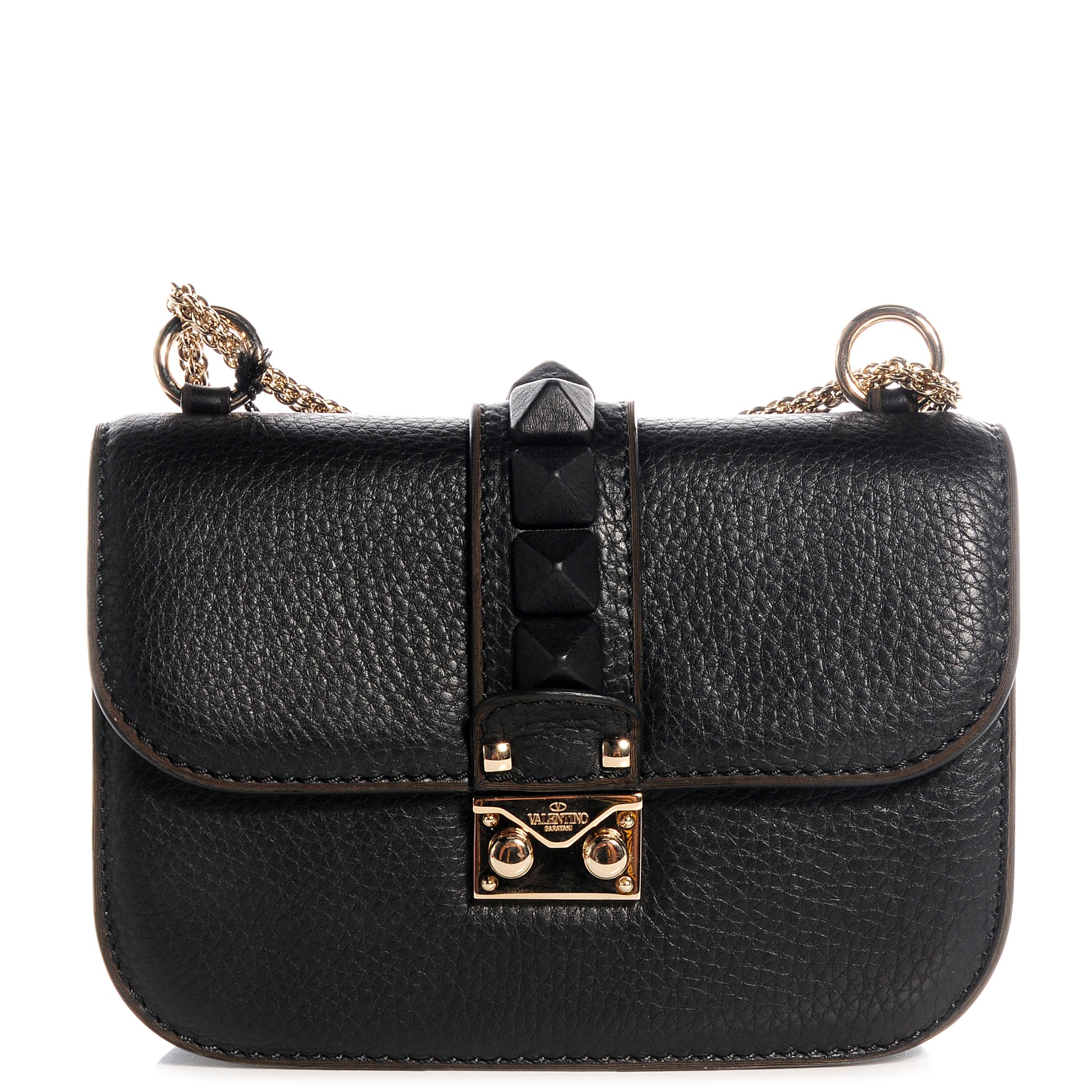 Valentino Garavani Pebbled Calfskin Small Glam Lock Rockstud Flap Black 1 of 7