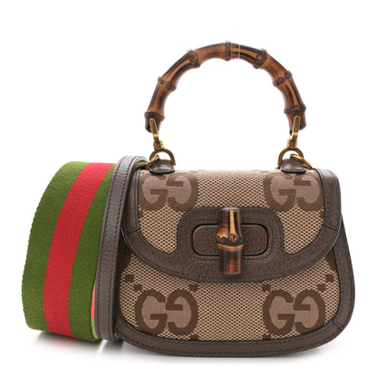Gucci Monogram Jumbo GG Textured Dollar Calfskin Web Mini Bamboo 1947 Top Handle Bag Camel Ebony New Acero 1 of 11
