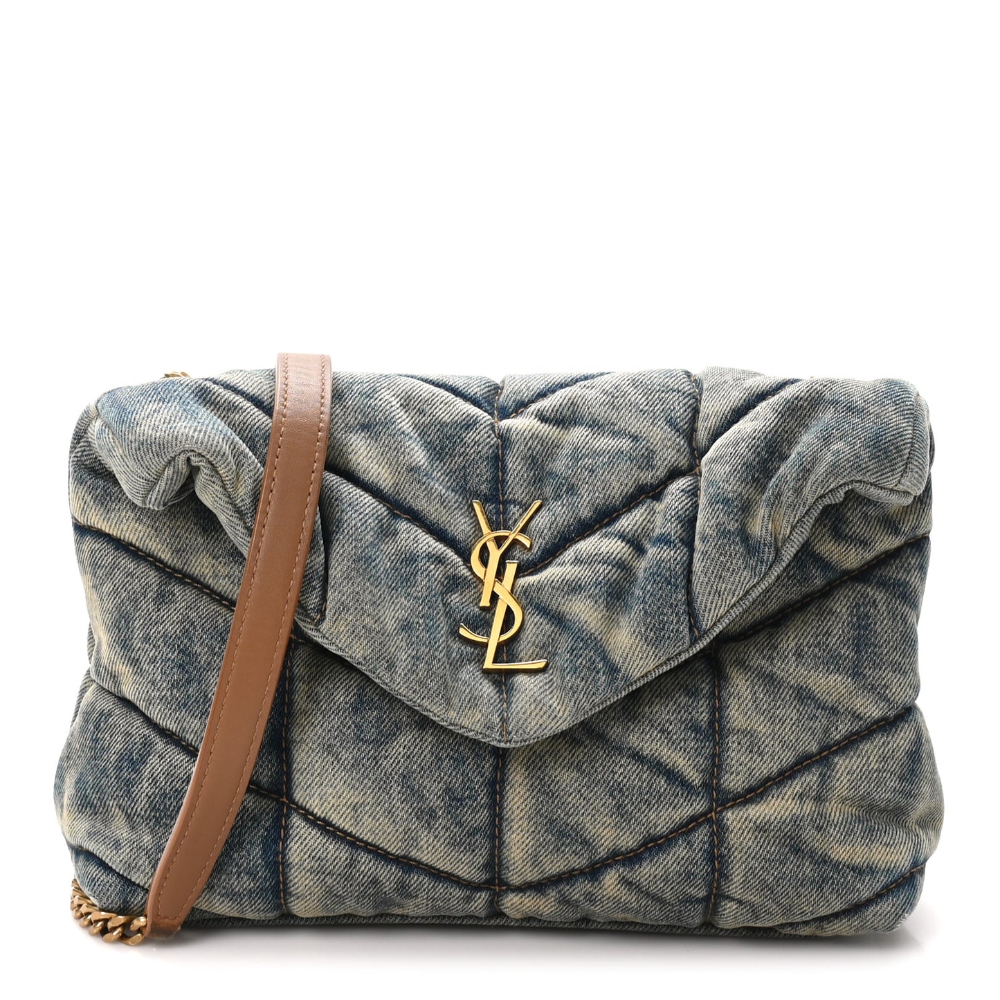 Denim Quilted Small Loulou Puffer Monogram Chain Satchel Blue Cinnamon