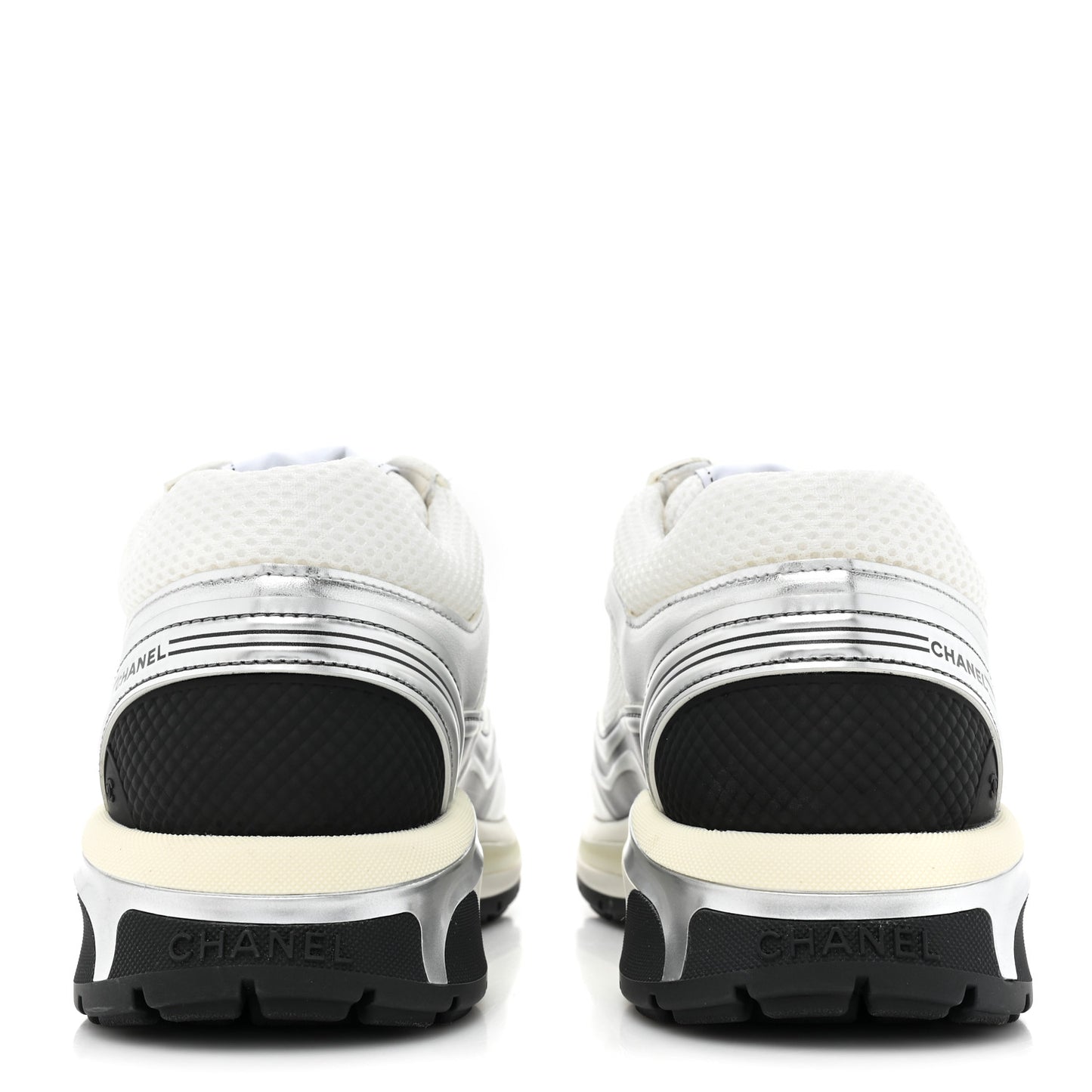 Fabric Laminated Calfskin Stretch CC Womens Sneakers 38.5 White Silver