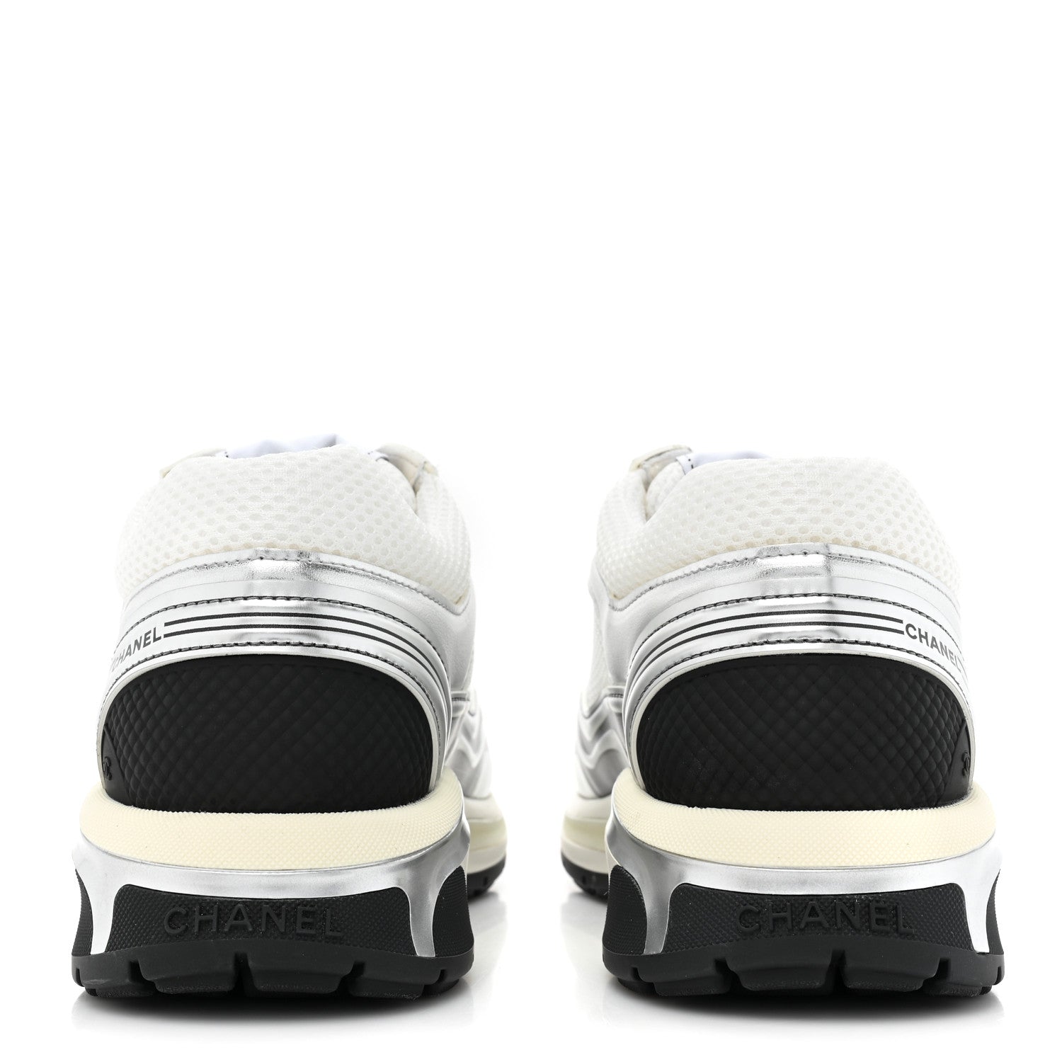 Chanel Fabric Laminated Calfskin Stretch CC Womens Sneakers 38.5 White Silver 4 of 10
