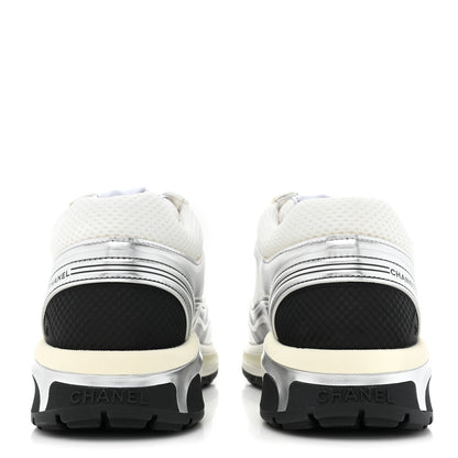 Chanel Fabric Laminated Calfskin Stretch CC Womens Sneakers 38.5 White Silver 4 of 10