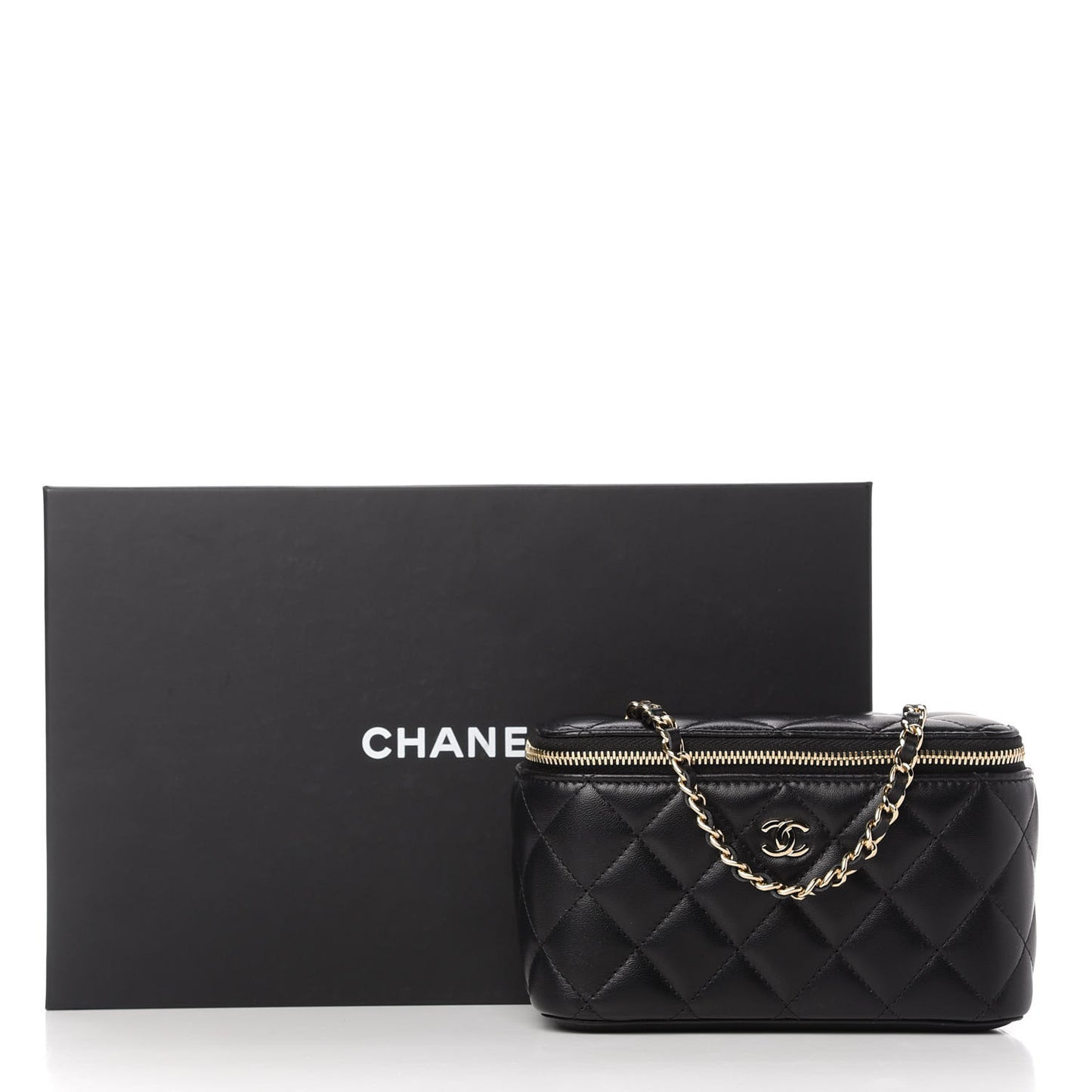 Lambskin Quilted Small Vanity Case With Chain Black