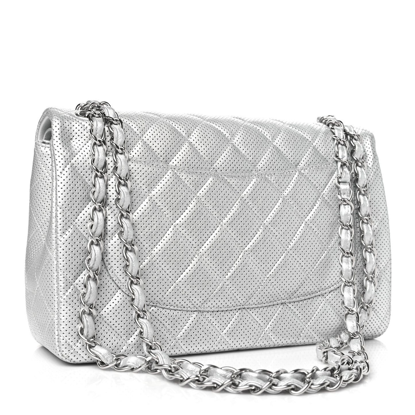 Metallic Perforated Lambskin Quilted Jumbo Double Flap Light Silver