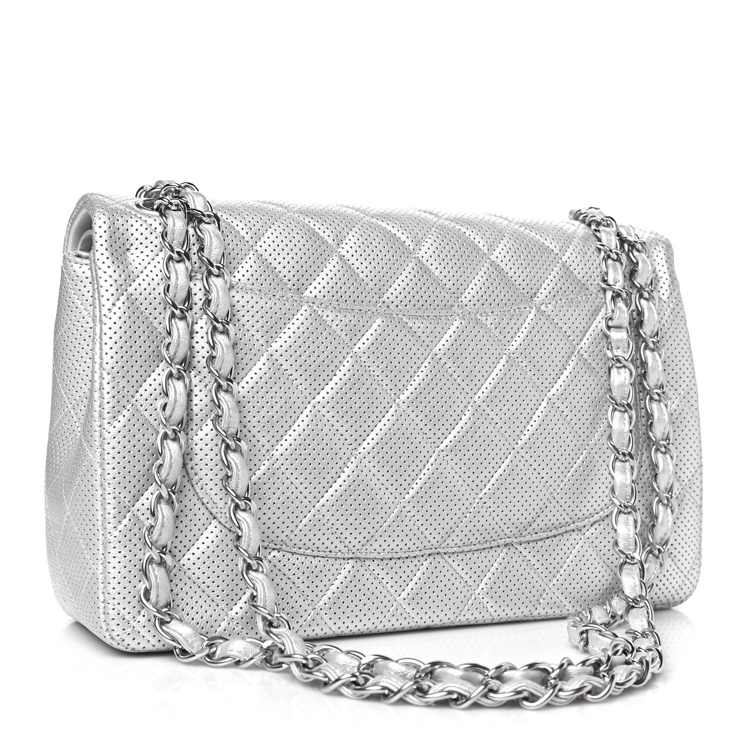 Chanel Metallic Perforated Lambskin Quilted Jumbo Double Flap Light Silver 3 of 12