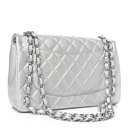 Chanel Metallic Perforated Lambskin Quilted Jumbo Double Flap Light Silver 3 of 12