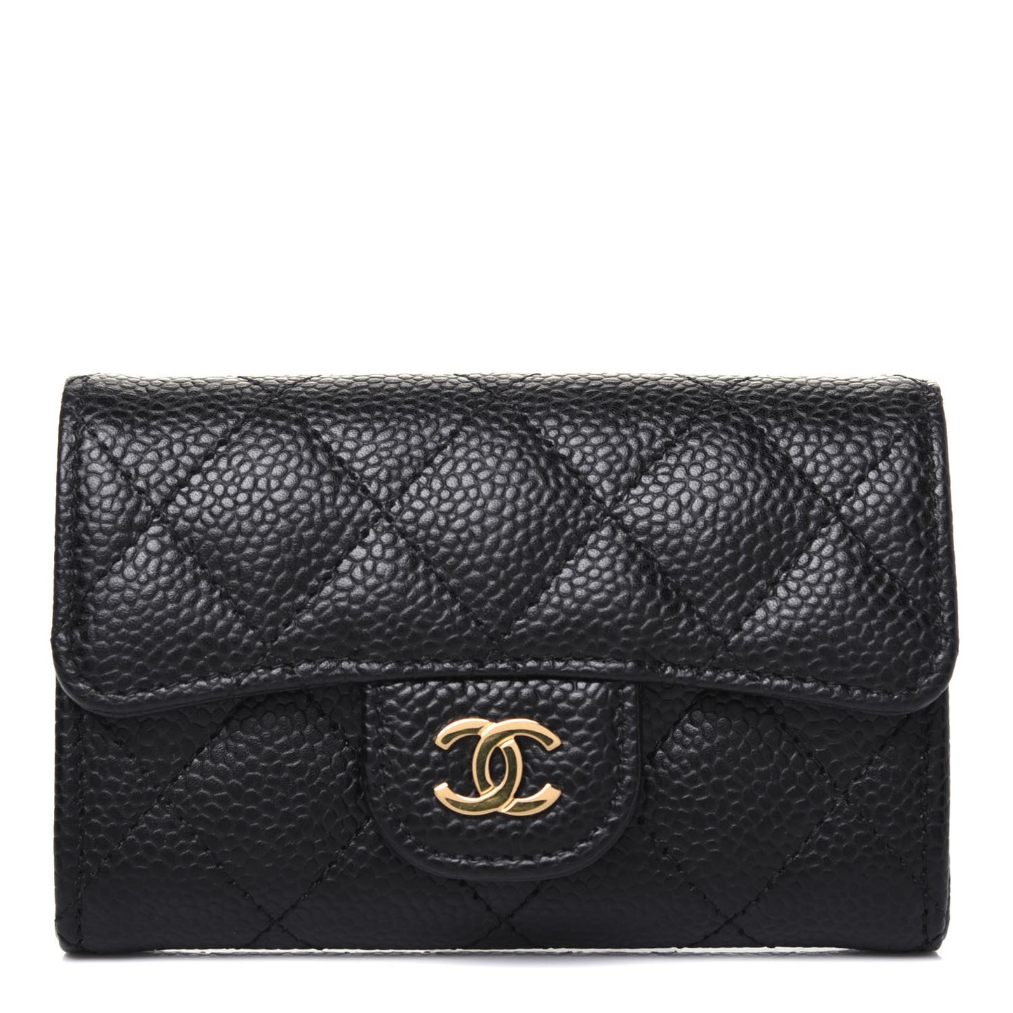 Caviar Quilted Flap Card Holder Wallet Black