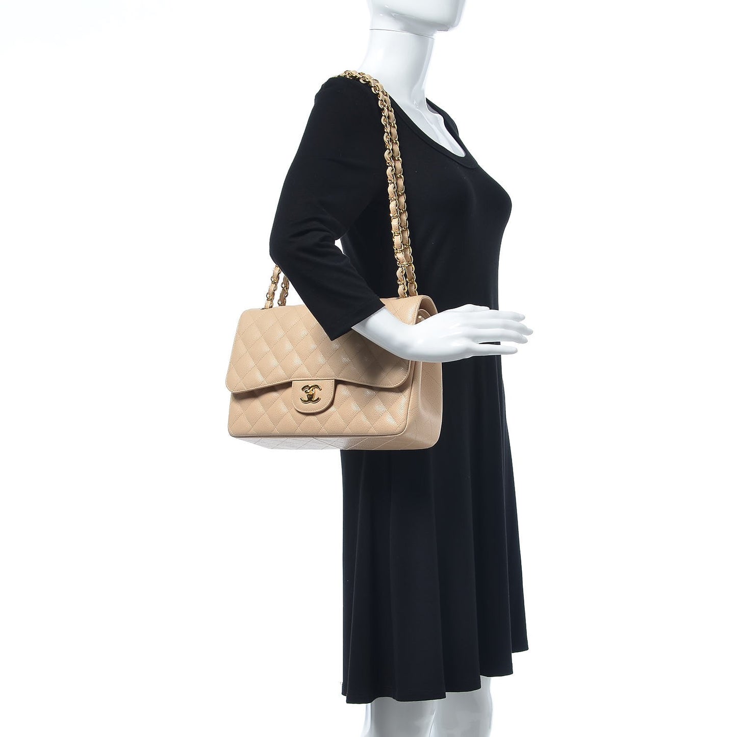 Caviar Quilted Jumbo Double Flap Light Beige