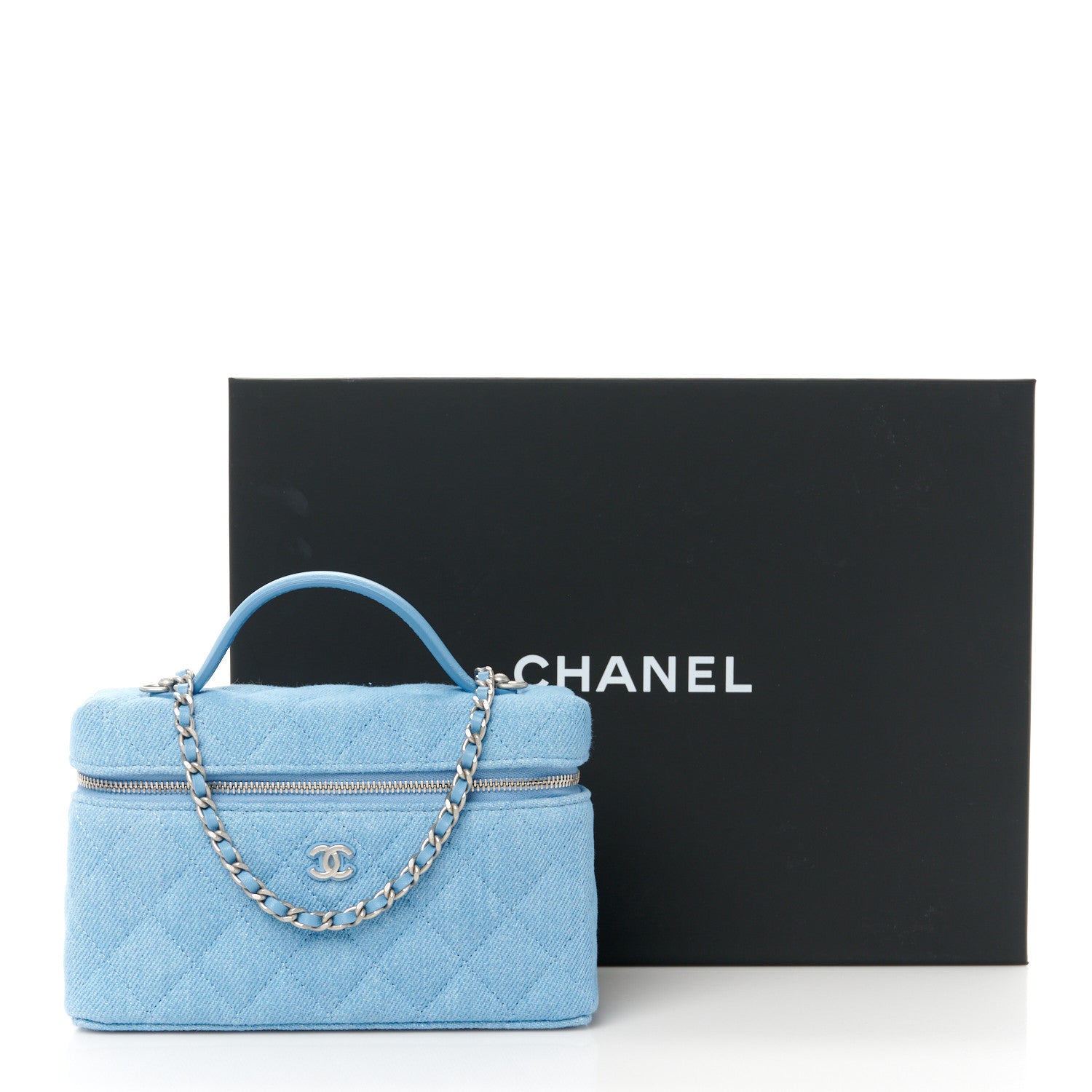 Chanel Denim Quilted Top Handle Slim Vanity Case With Chain Blue 11 of 11