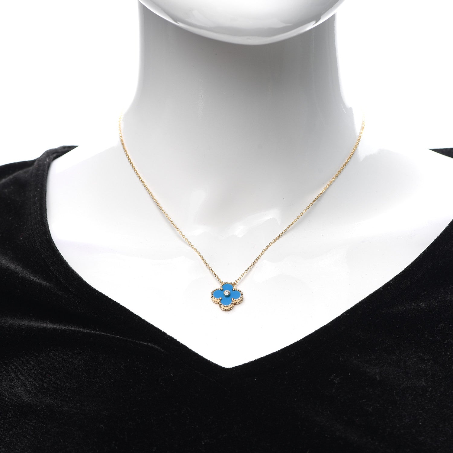Van Cleef & Arpels 18K Yellow Gold Diamond Celestial Blue Sevres Porcelain Vintage Alhambra Pendant Necklace 2 of 5