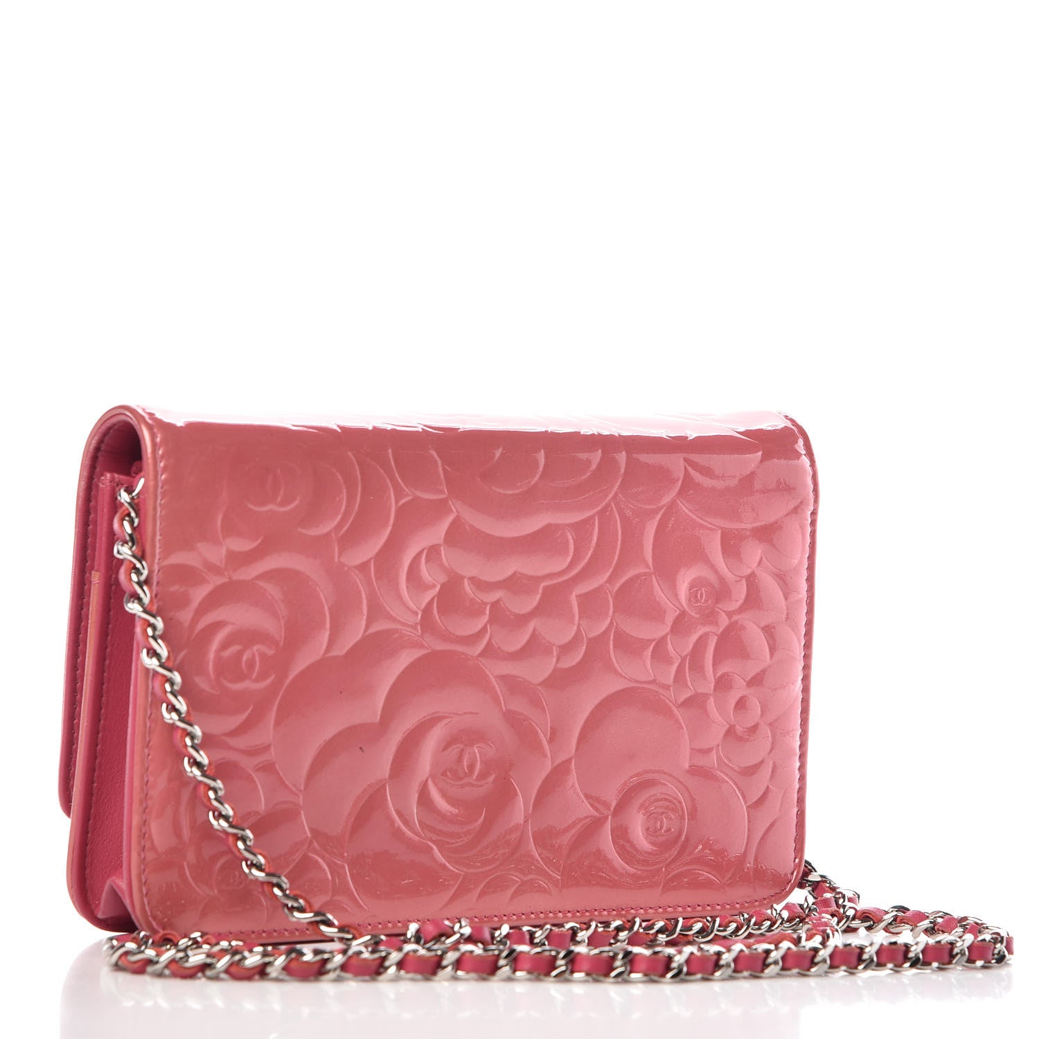Chanel Patent Camellia Embossed Wallet on Chain WOC Rose 3 of 14