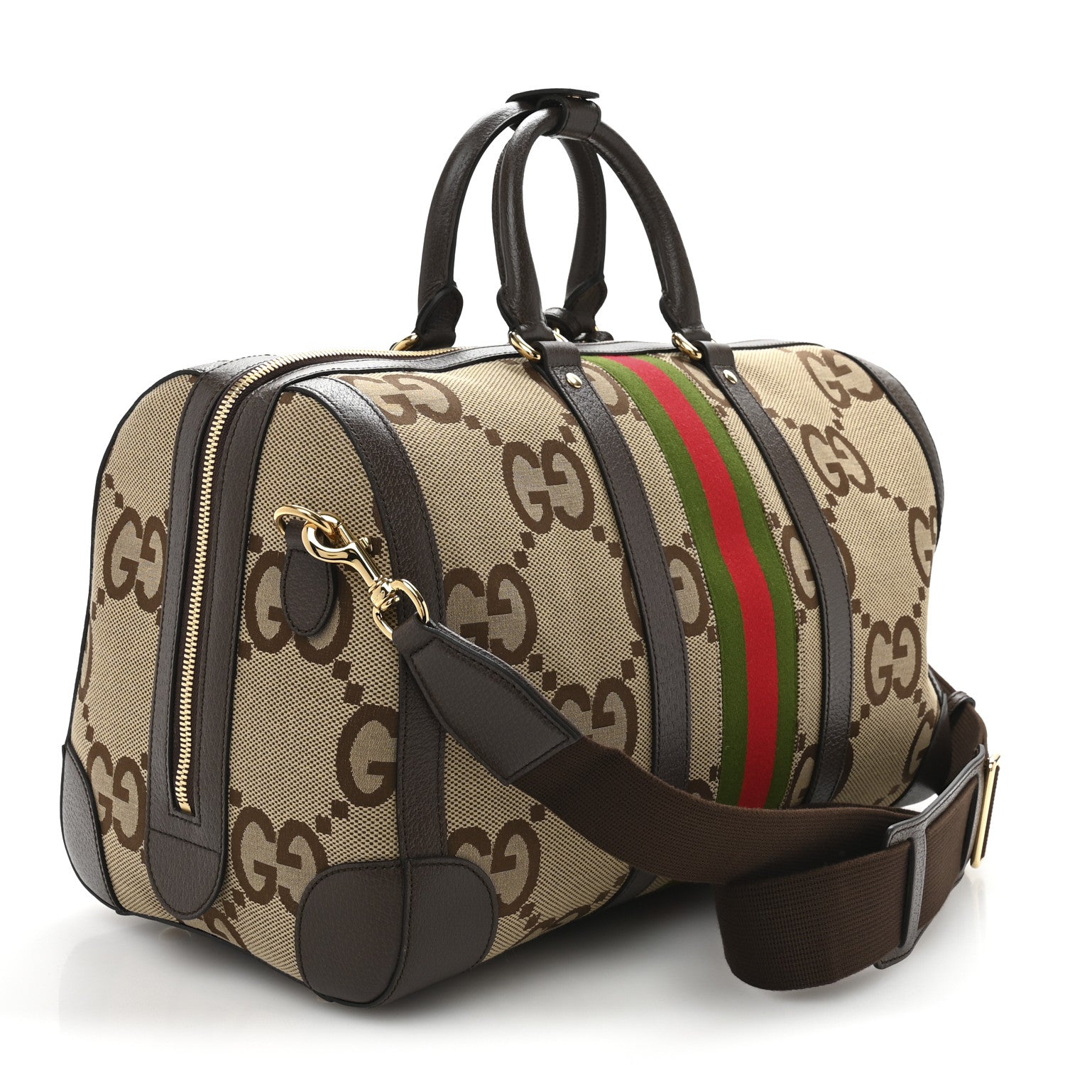 Gucci Monogram Jumbo GG Textured Dollar Calfskin Web Medium Duffle Bag Camel Ebony 2 of 12