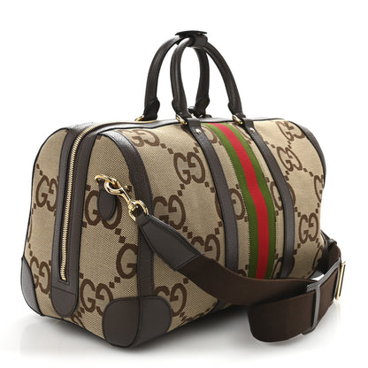 Gucci Monogram Jumbo GG Textured Dollar Calfskin Web Medium Duffle Bag Camel Ebony 2 of 12