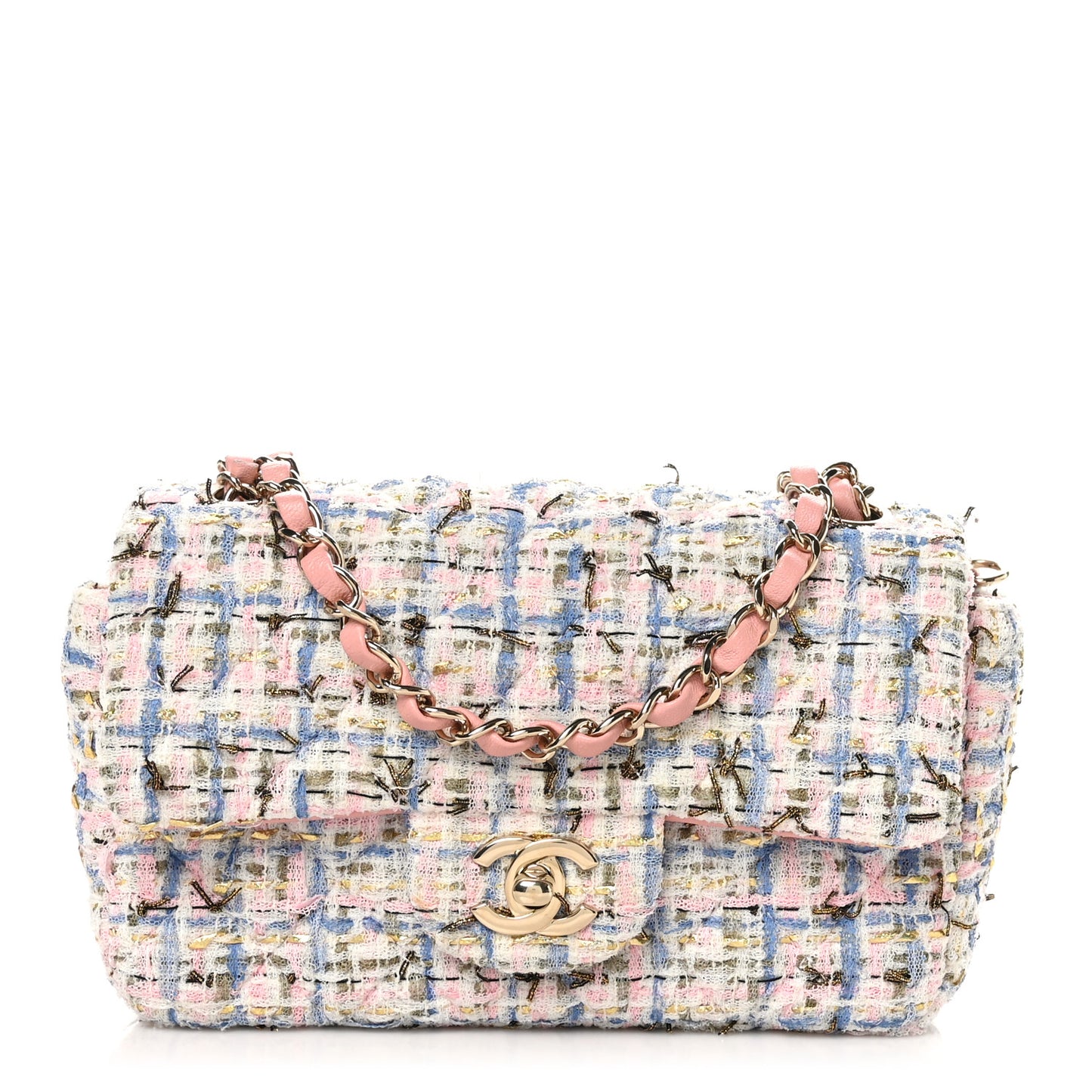 Tweed Quilted Mini Rectangular Flap Light Blue Pink Gold White
