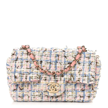 Chanel Tweed Quilted Mini Rectangular Flap Light Blue Pink Gold White 1 of 11